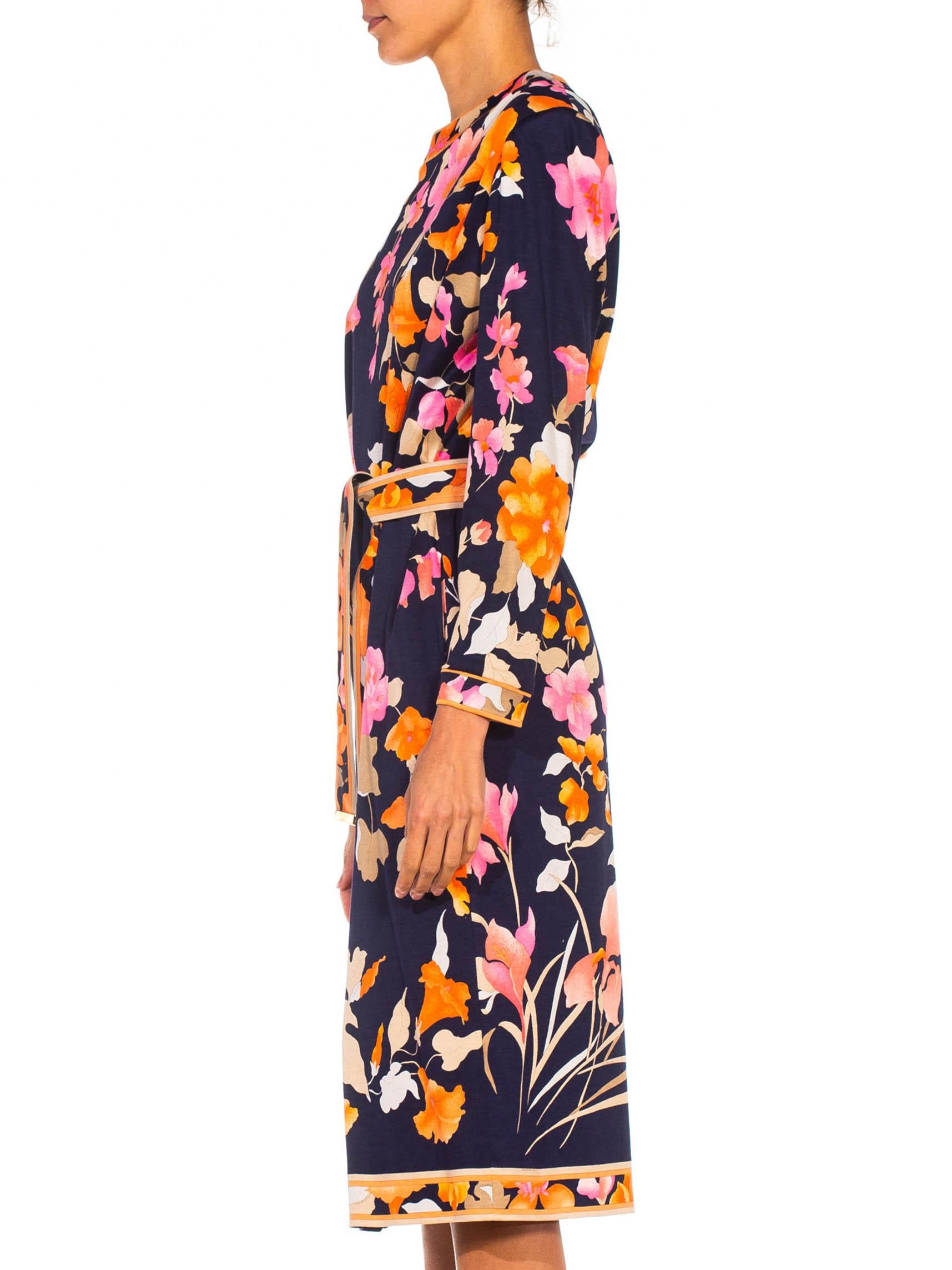 1980S LEONARD Multicolor Seidenjersey Langärmeliges Florales Kleid mit Gürtel