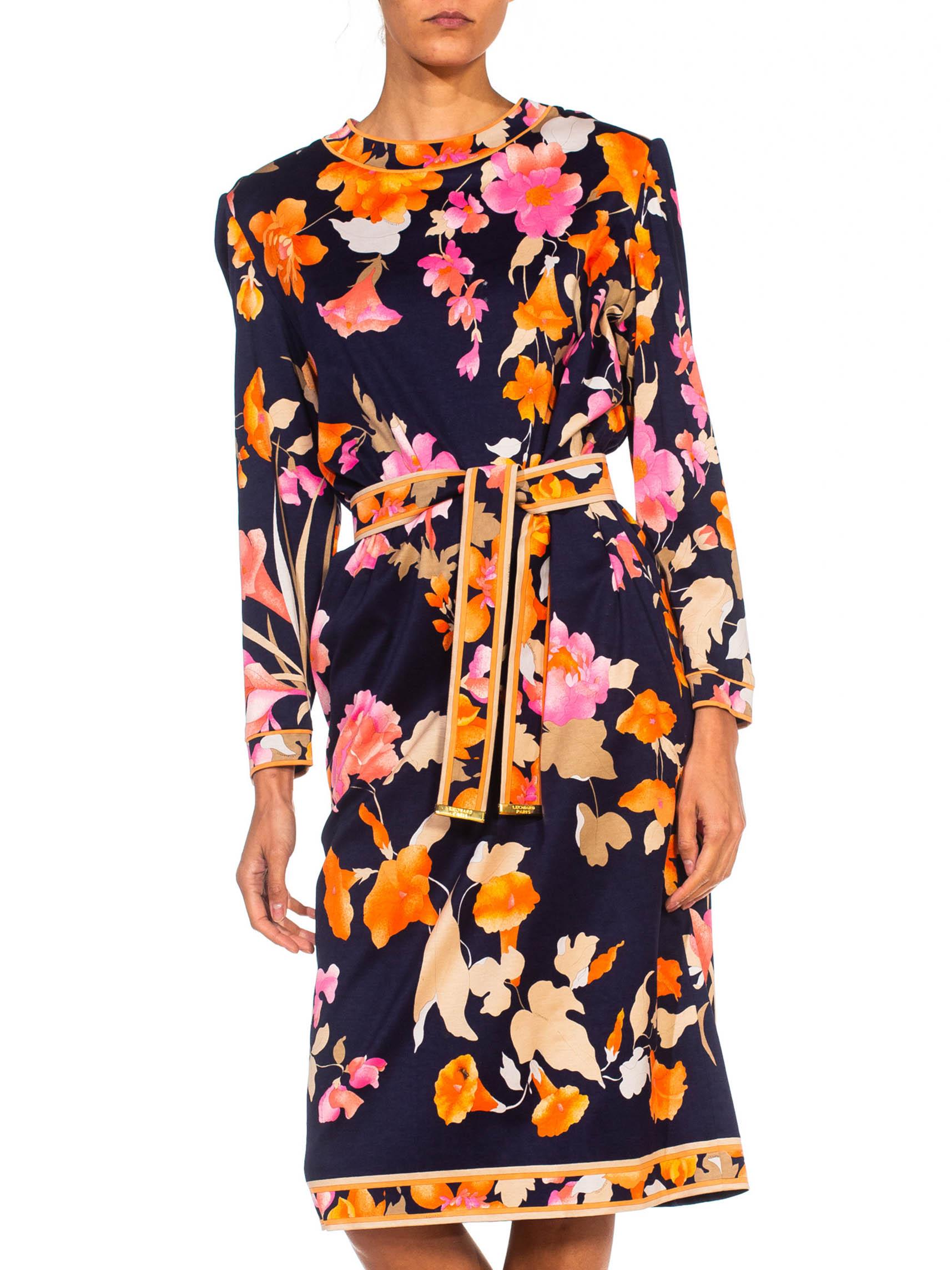 1980S LEONARD Multicolor Silk Jersey Long Sleeve Floral Dress With Belt In Excellent Condition For Sale In New York, NY