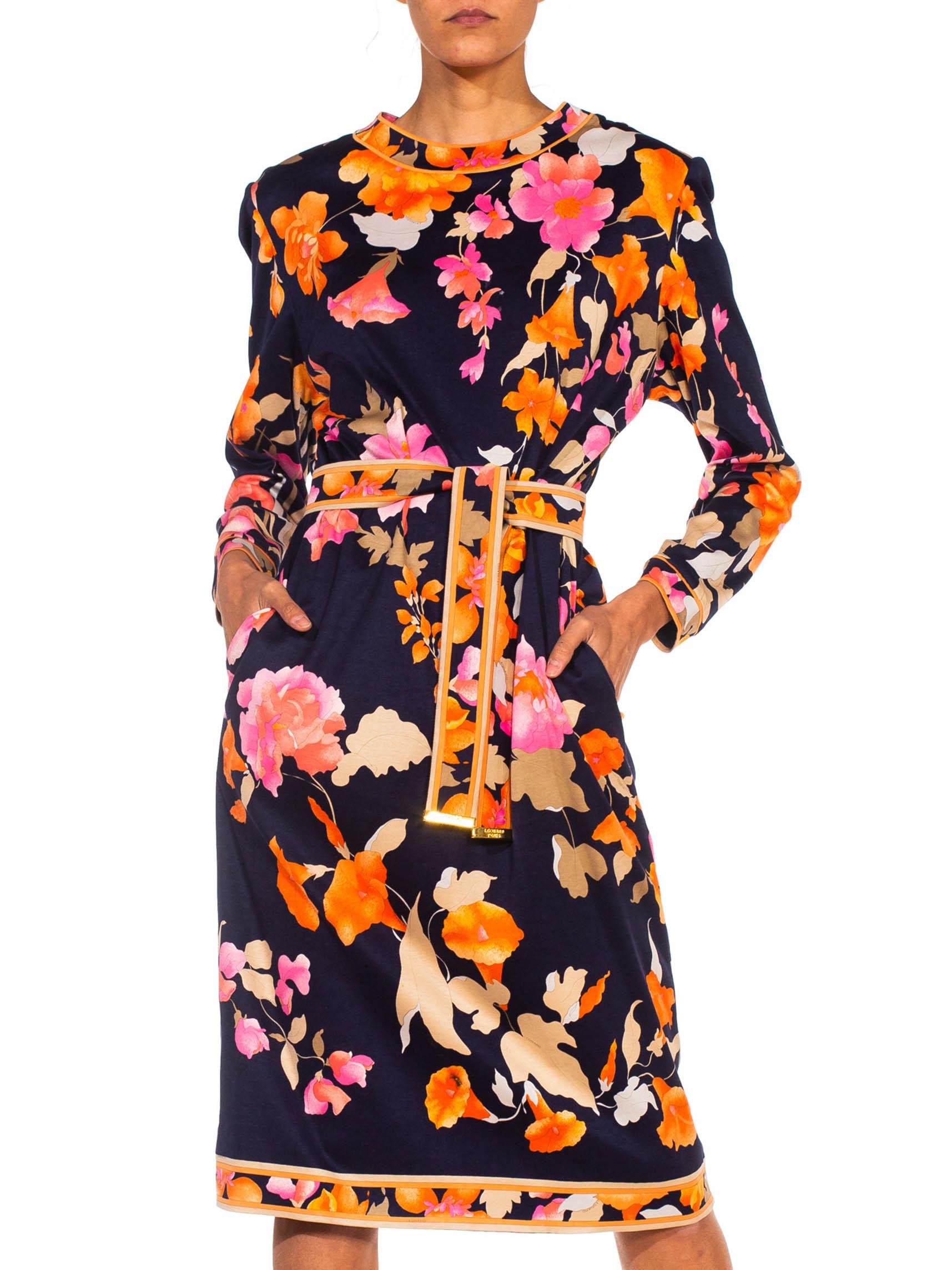 Women's 1980S LEONARD Multicolor Silk Jersey Long Sleeve Floral Dress With Belt For Sale