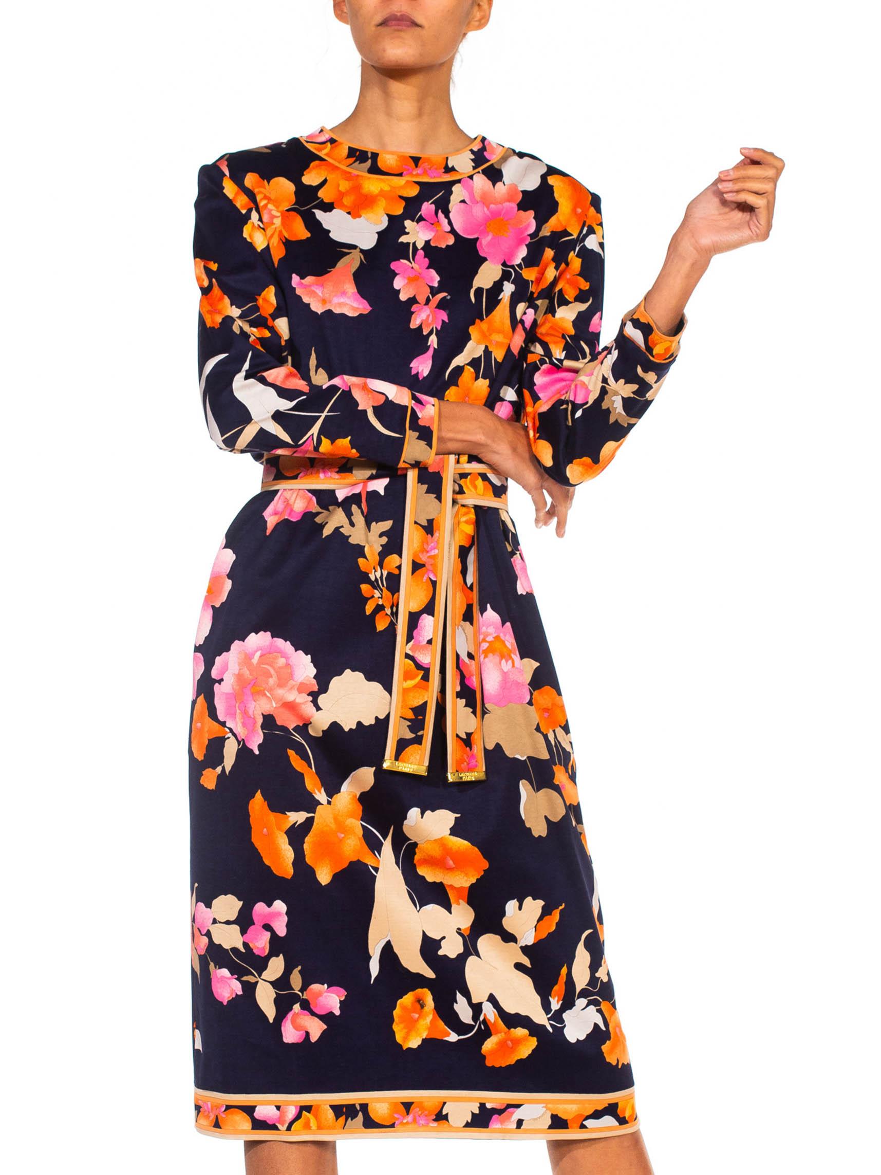 1980S LEONARD Multicolor Silk Jersey Long Sleeve Floral Dress With Belt 1