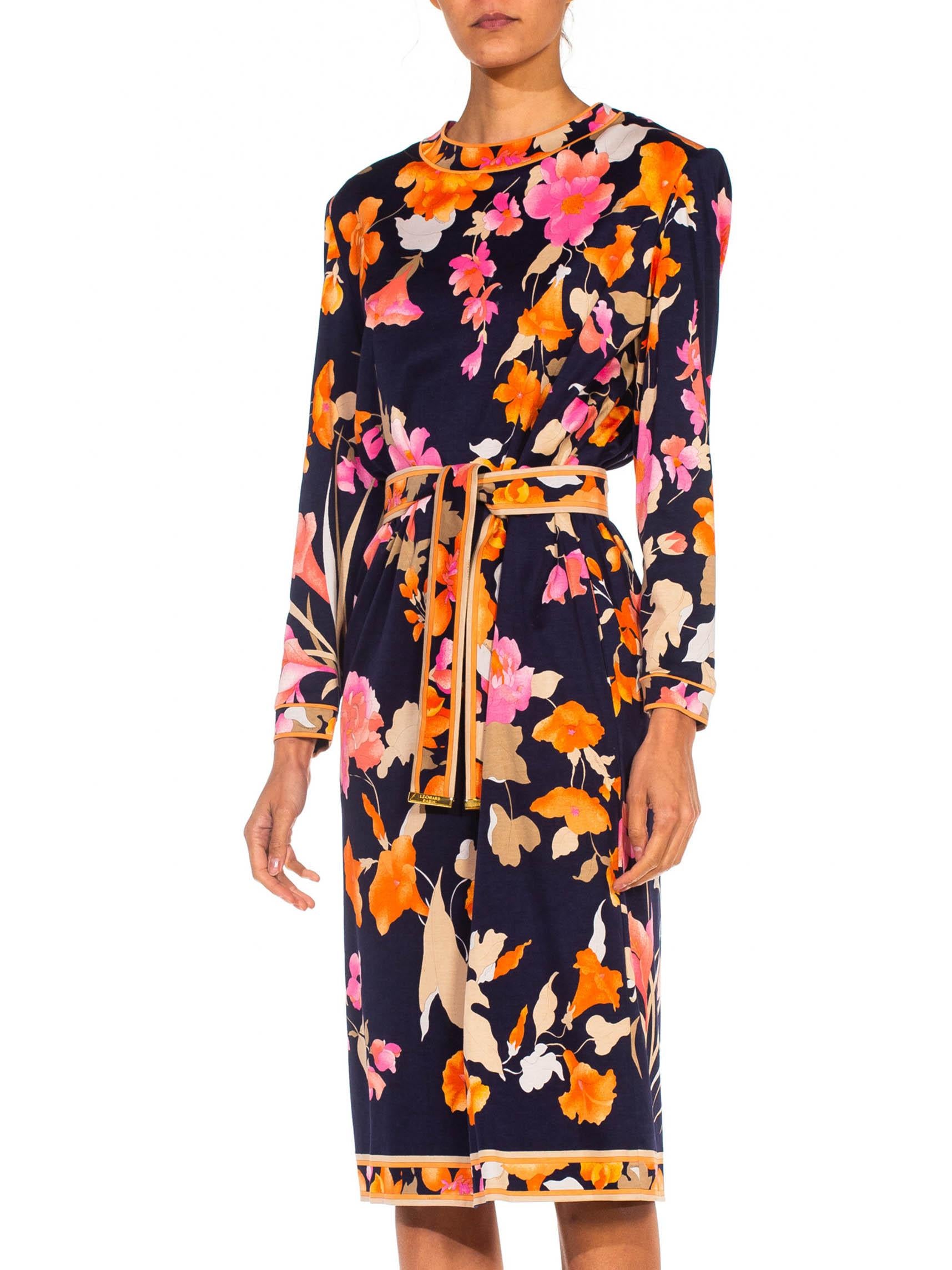 1980S LEONARD Multicolor Silk Jersey Long Sleeve Floral Dress With Belt For Sale 2