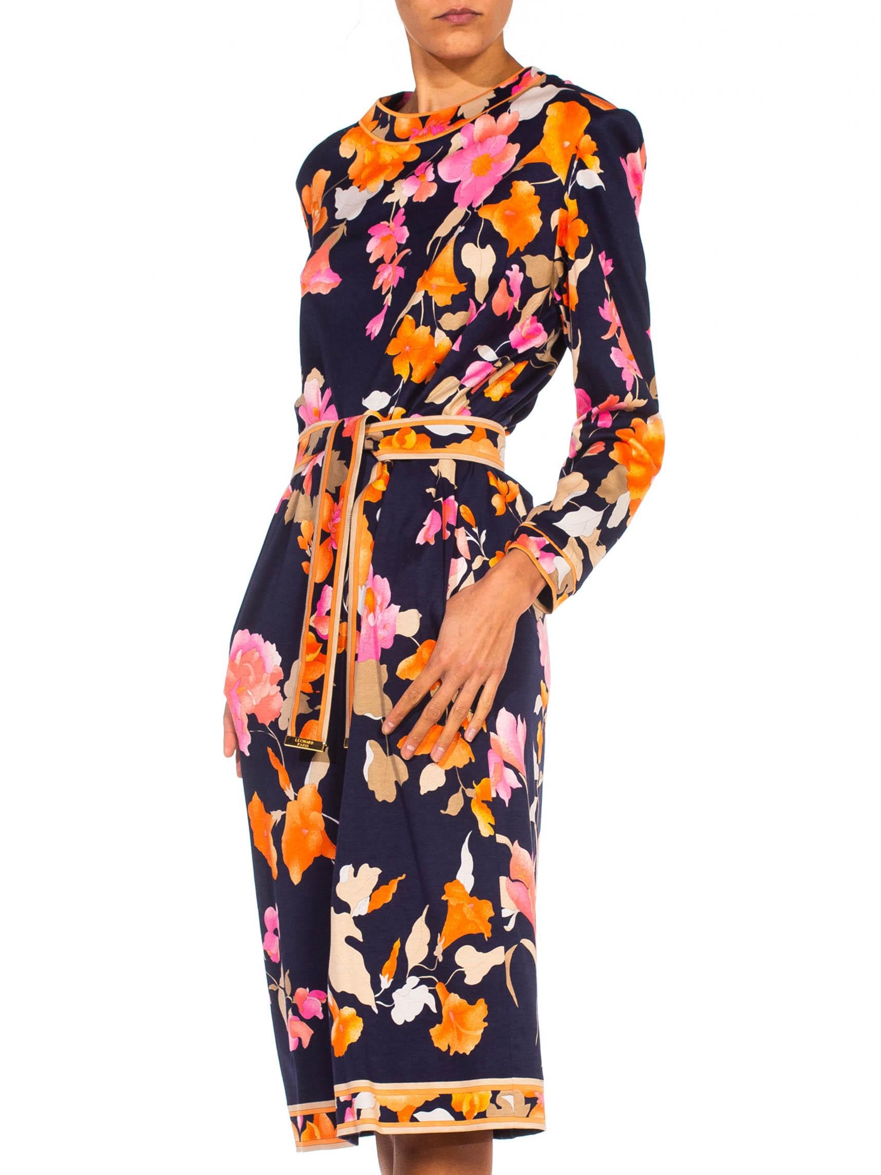 1980S LEONARD Multicolor Silk Jersey Long Sleeve Floral Dress With Belt For Sale 3