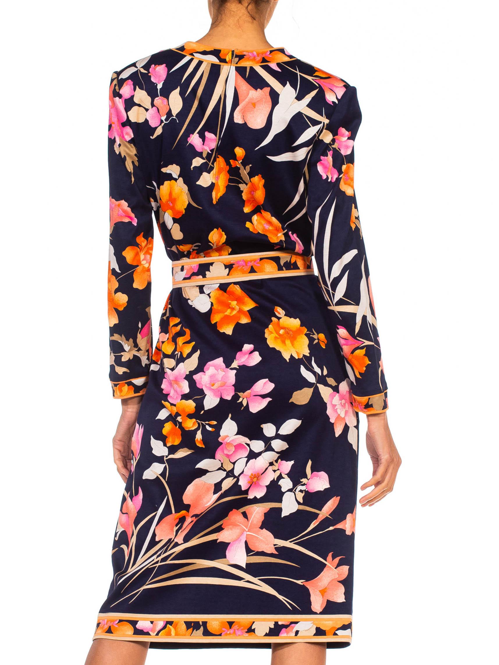 1980S LEONARD Multicolor Silk Jersey Long Sleeve Floral Dress With Belt For Sale 4