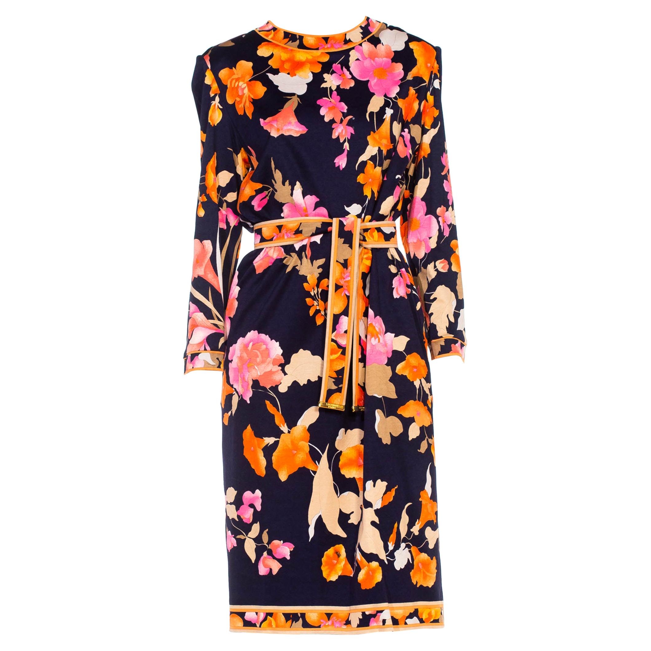 1980S LEONARD Multicolor Silk Jersey Long Sleeve Floral Dress With Belt