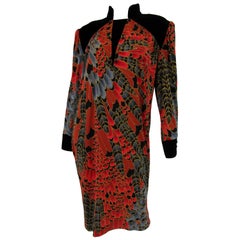 1980s Leonard Multicolored Feather Print Silk and Velvet Dress
