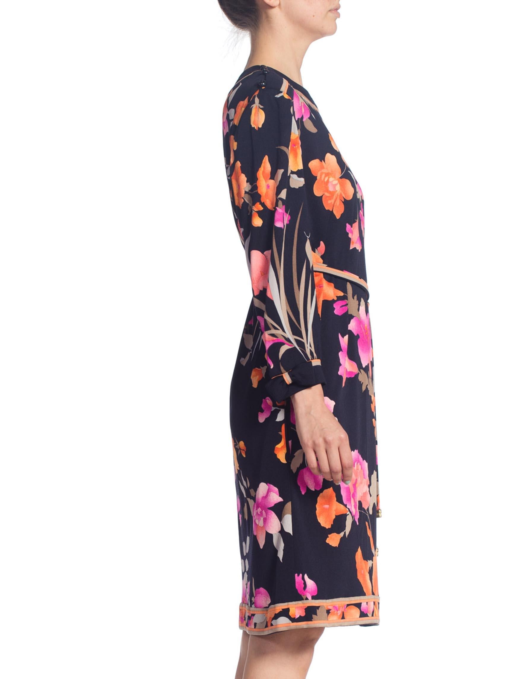1980S LEONARD Black & Pink Silk Floral Printed Dress With Sleeves Belt In Excellent Condition For Sale In New York, NY