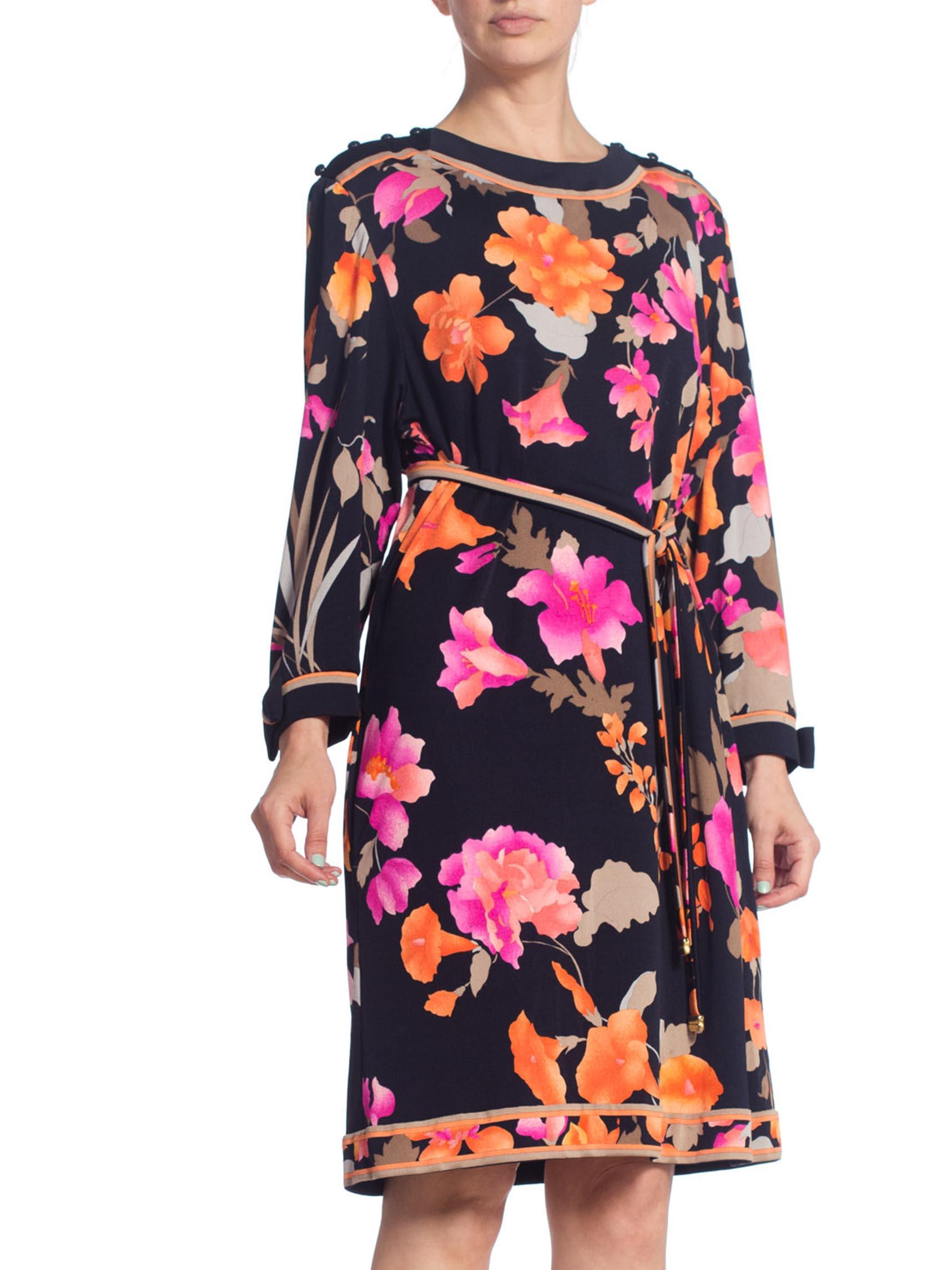 Women's 1980S LEONARD Black & Pink Silk Floral Printed Dress With Sleeves Belt For Sale