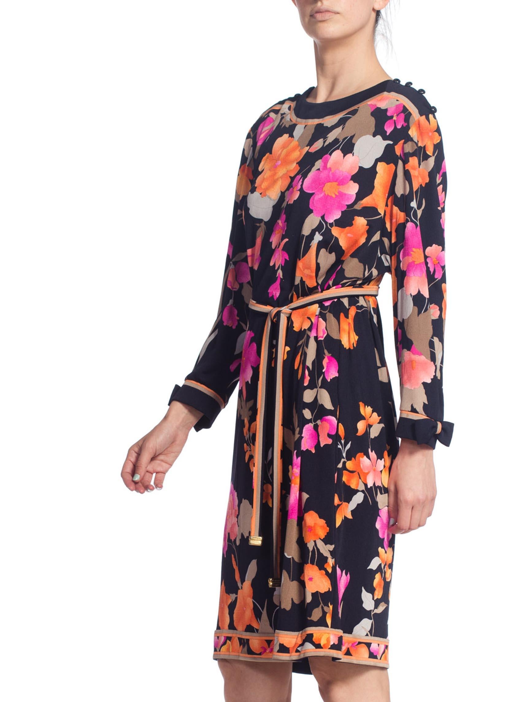 1980S LEONARD Black & Pink Silk Floral Printed Dress With Sleeves Belt For Sale 1