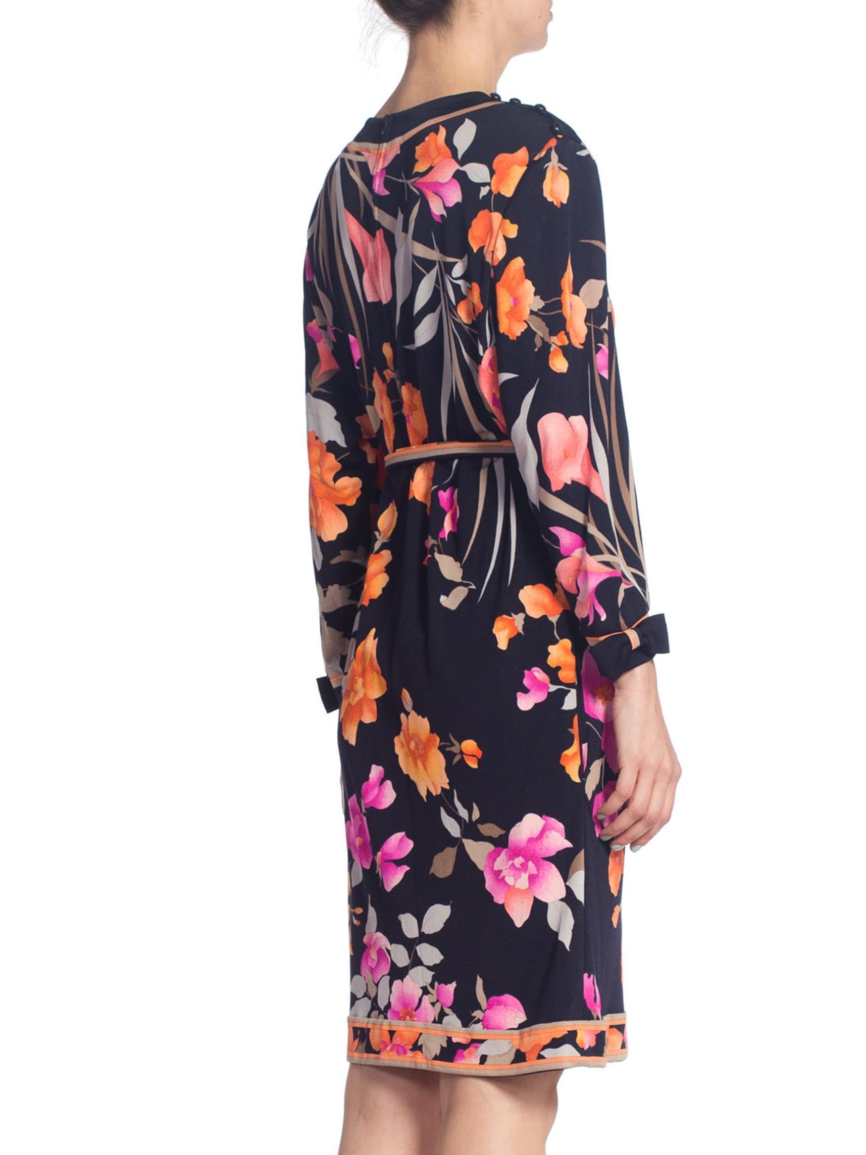 1980S LEONARD Black & Pink Silk Floral Printed Dress With Sleeves Belt For Sale 2