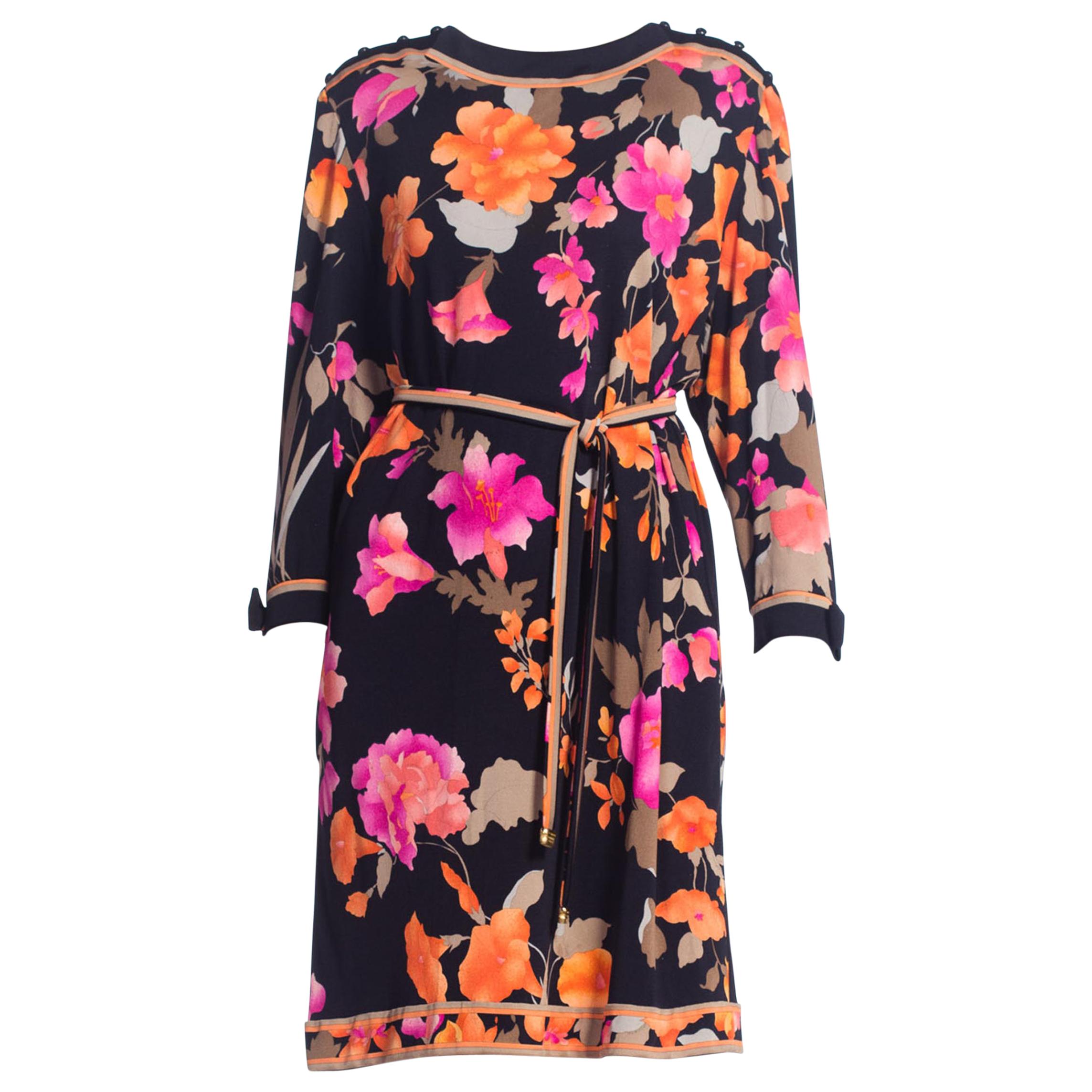 1980S LEONARD Black & Pink Silk Floral Printed Dress With Sleeves Belt For Sale