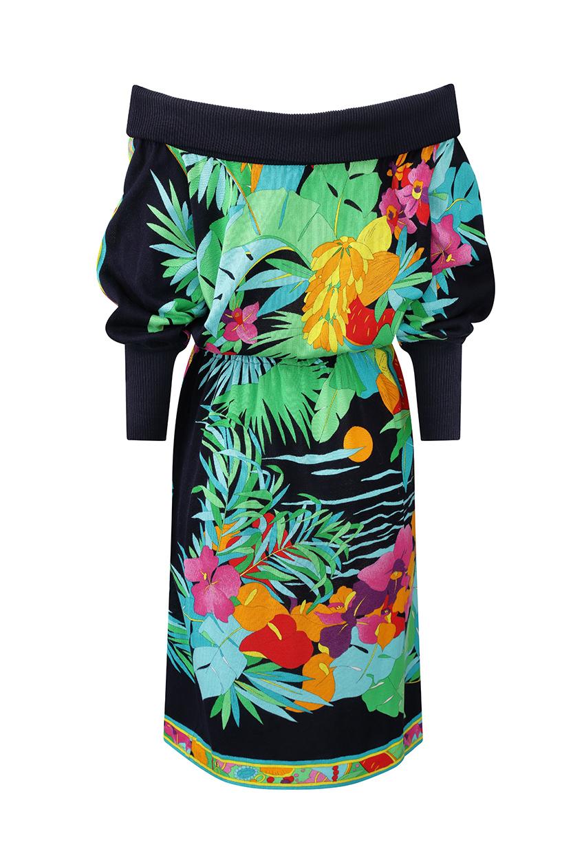 1980s Leonard Tropical Print Knitted Dress With Drop Waist And Batwing Sleeves  In Excellent Condition In London, GB