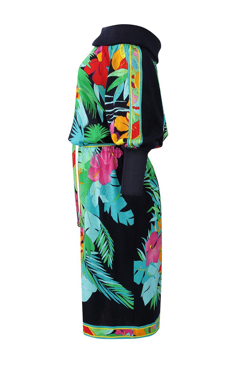 Women's 1980s Leonard Tropical Print Knitted Dress With Drop Waist And Batwing Sleeves 