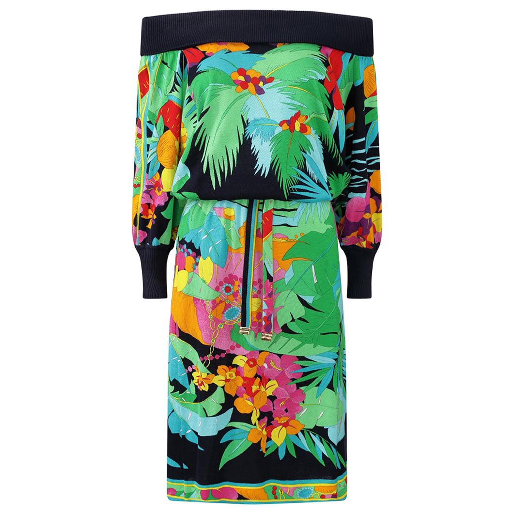 1980s Leonard Tropical Print Knitted Dress With Drop Waist And Batwing Sleeves 