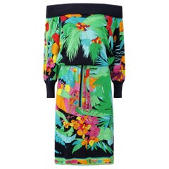 1980s Leonard Tropical Print Knitted Dress With Drop Waist And Batwing Sleeves 