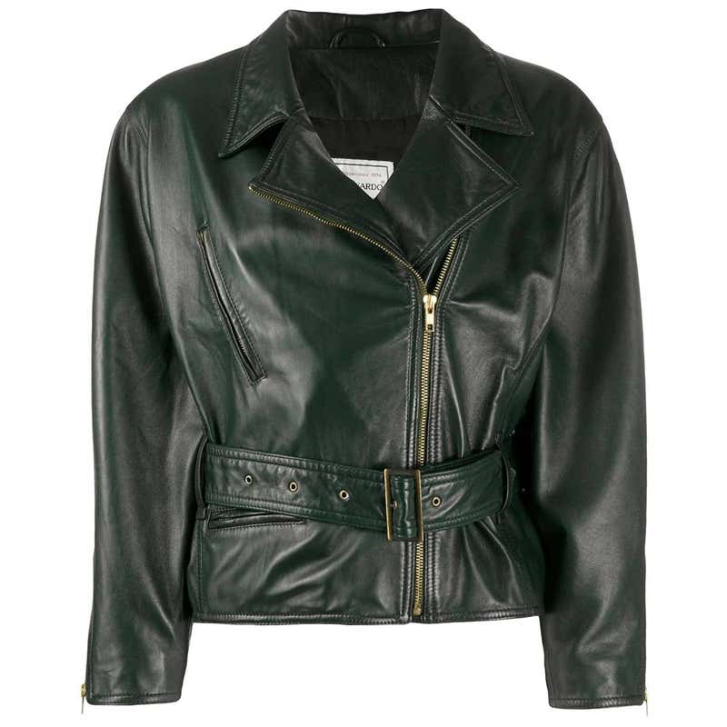 1980s Leonardo Green Leather Belted Jacket at 1stDibs
