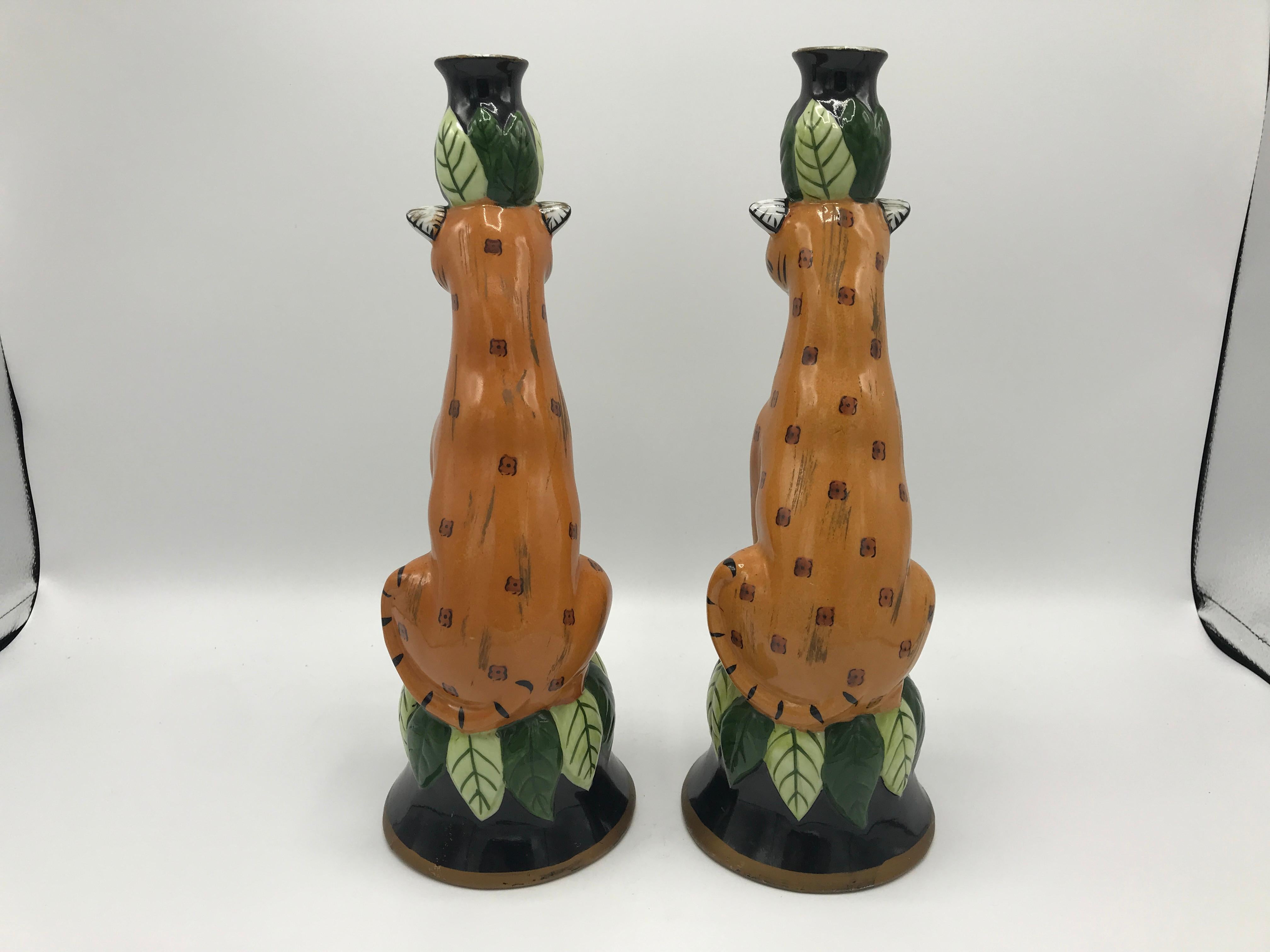 1980s Leopard Sculpture Candlestick Holders, Pair In Good Condition In Richmond, VA