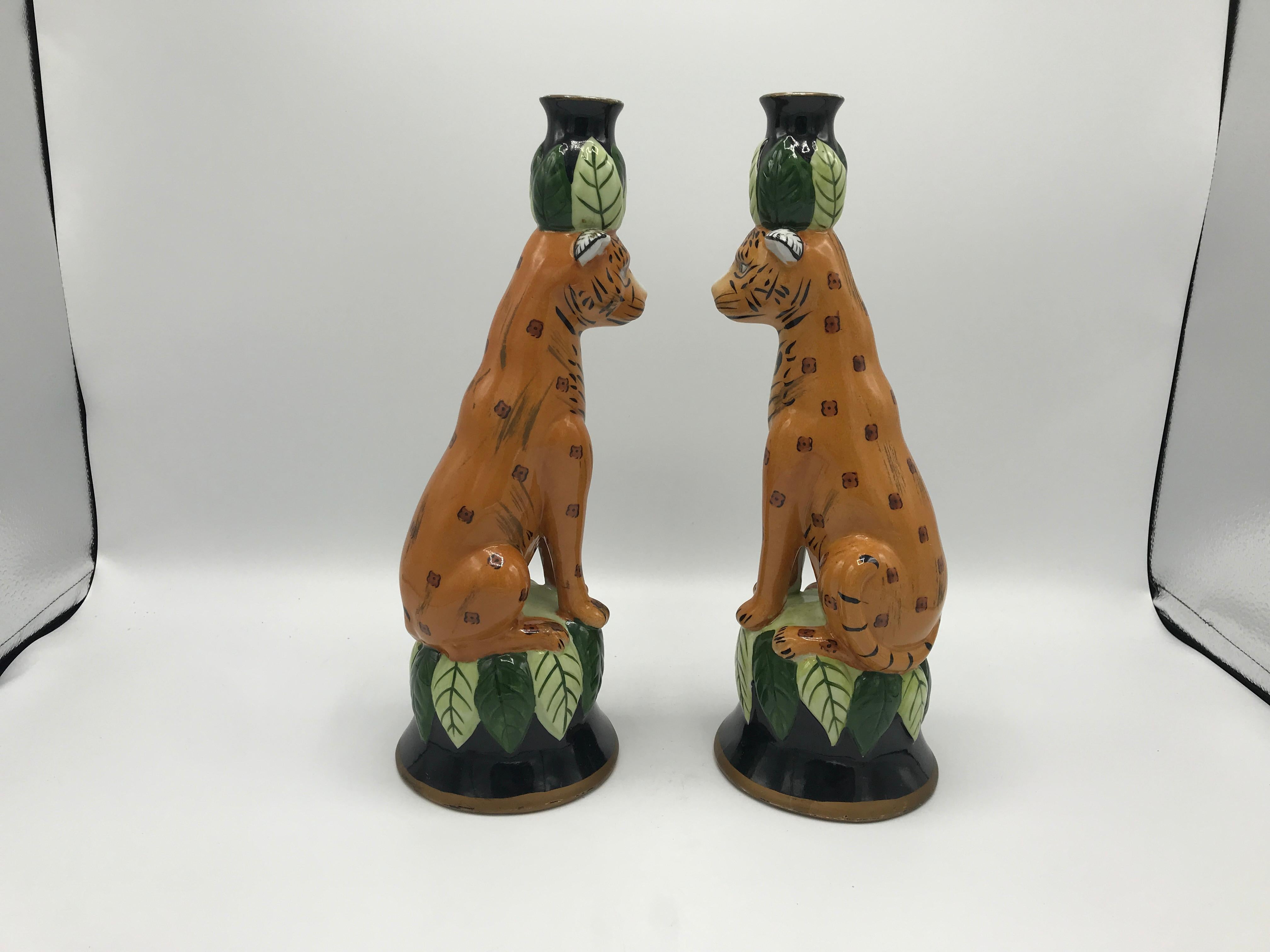 20th Century 1980s Leopard Sculpture Candlestick Holders, Pair