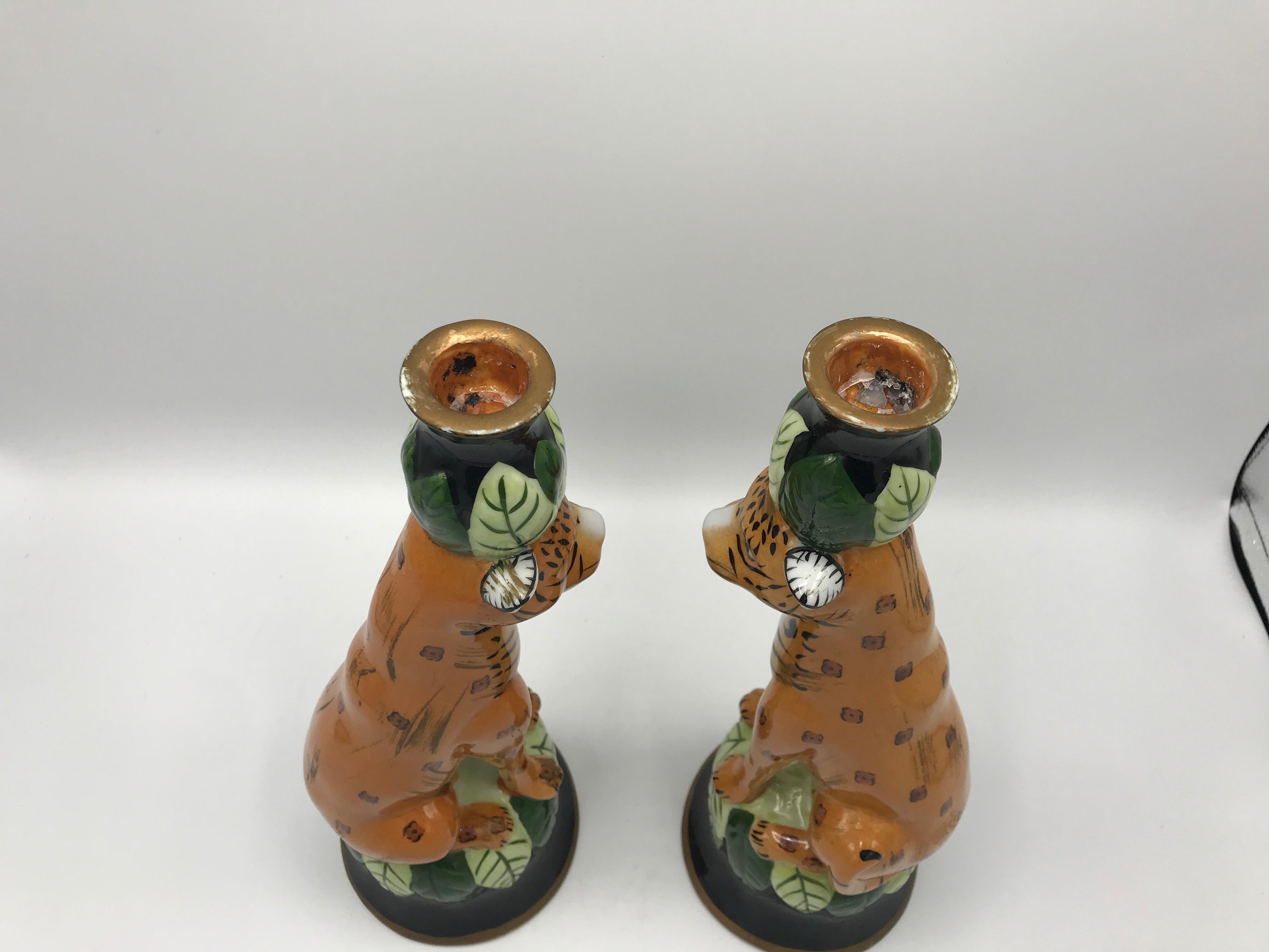 Porcelain 1980s Leopard Sculpture Candlestick Holders, Pair