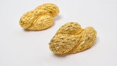 1980s Les Bernard Large 18k Gold Plated Textured Nugget Clip-On Earrings
