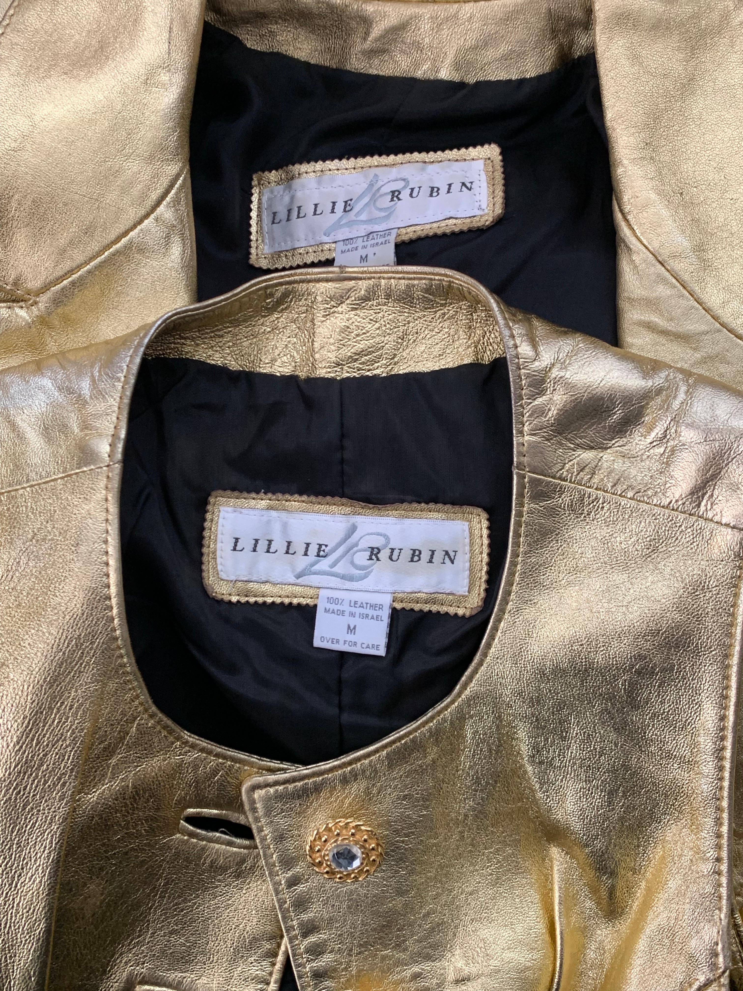 1980s Lillie Rubin 2-Piece Gold Metallic Lambskin Leather Vest & Jacket Ensemble For Sale 9