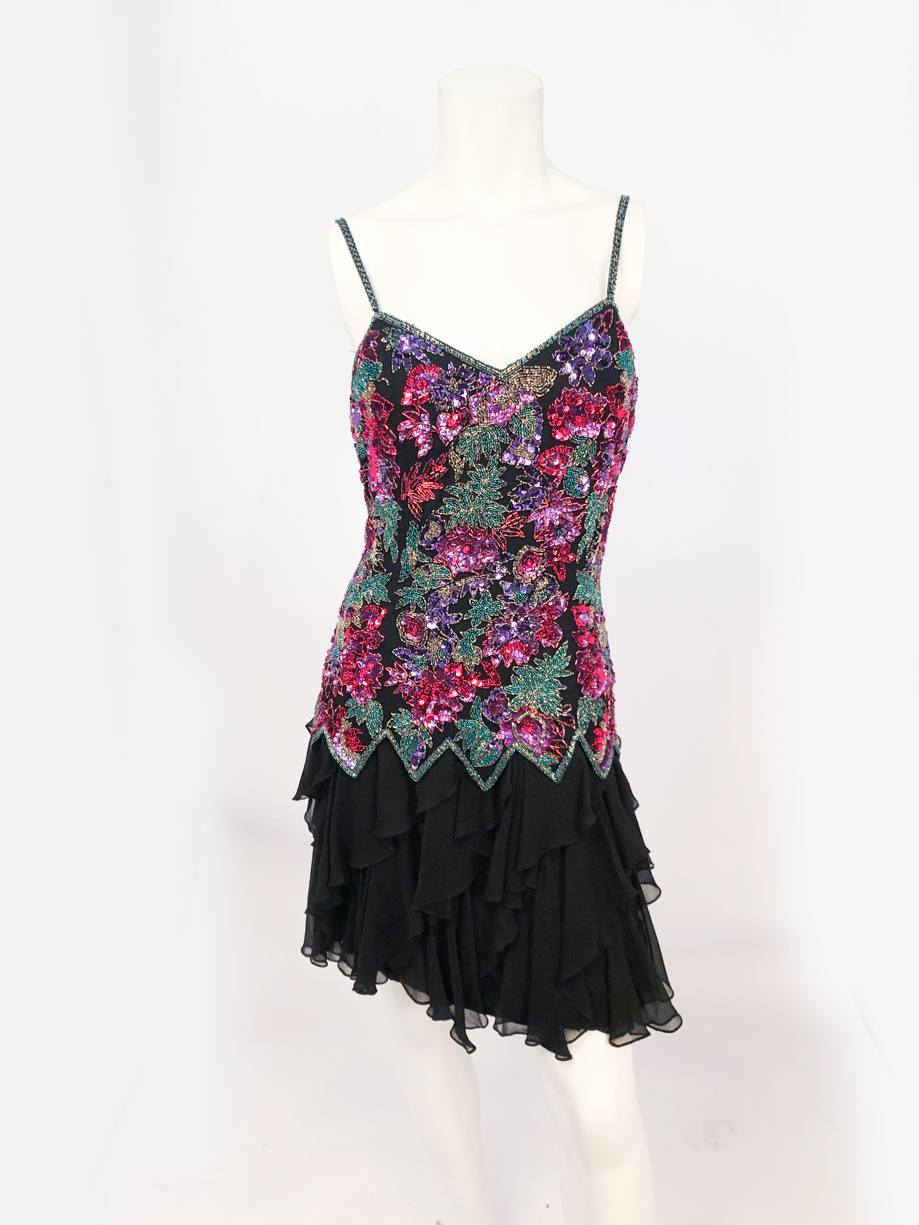 1980s Lillie Rubin Black Beaded Silk Dress with skewed ruffles at the hem