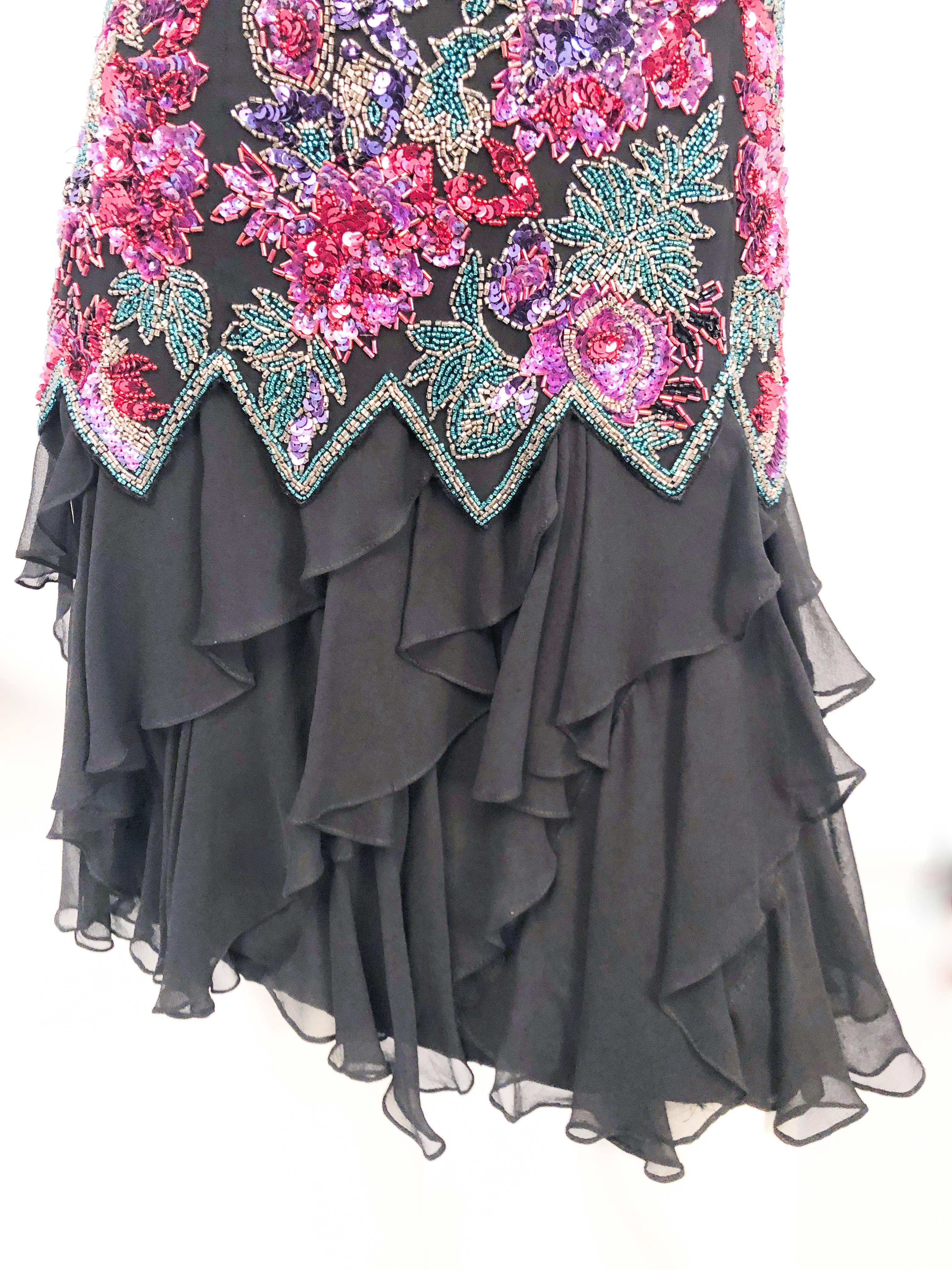 1980s Lillie Rubin Black Beaded Silk Cocktail Dress In Good Condition For Sale In San Francisco, CA