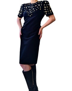 1980s Lillie Rubin Black Velvet Cocktail Dress with Crystal Embellishments