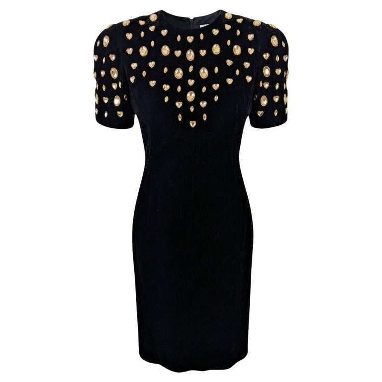 1980s Lillie Rubin Black Velvet Cocktail Dress with Crystal Embellishments  For Sale at 1stDibs