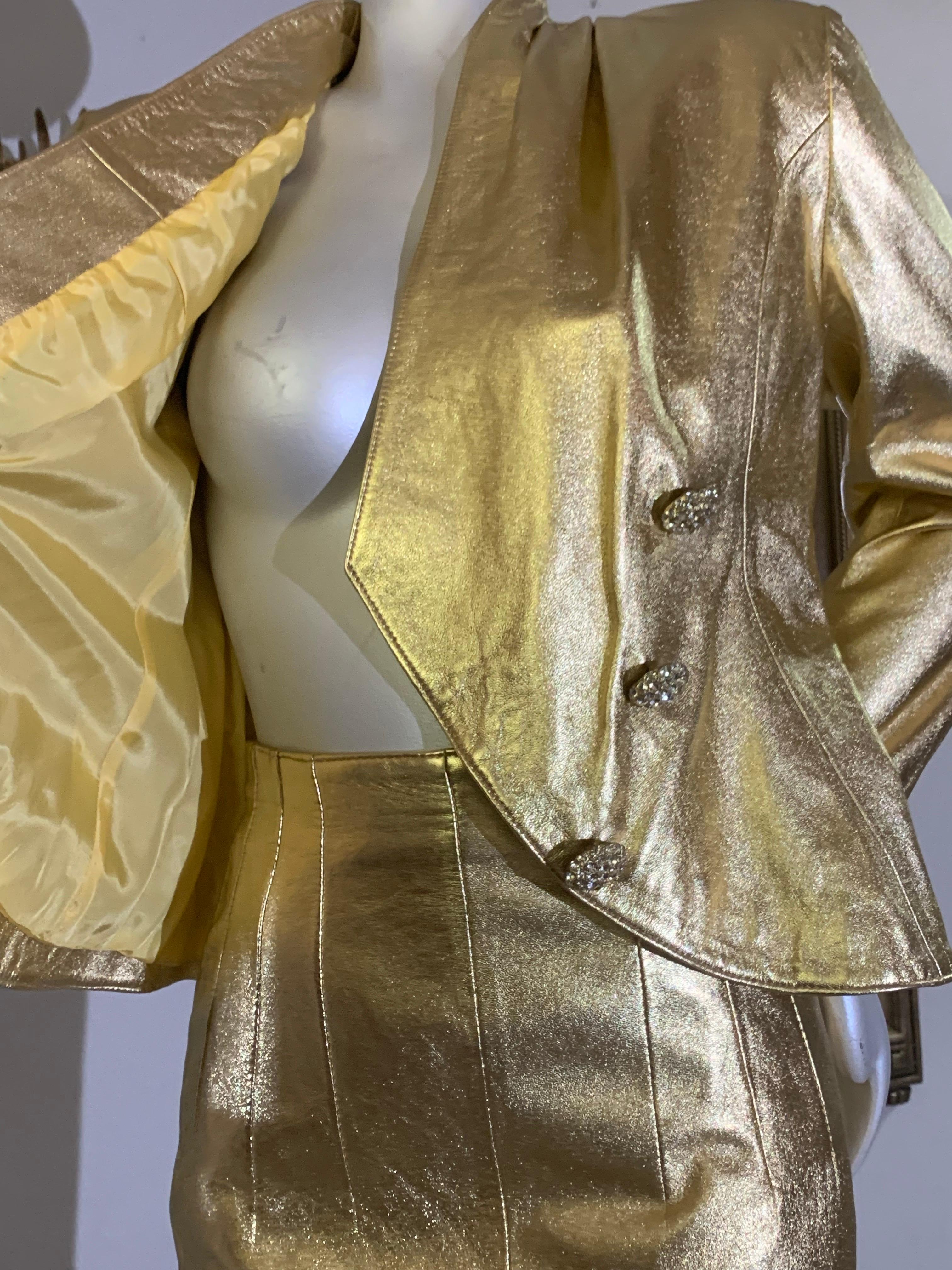 1980s Lillie Rubin Gold Metallic Leather Tailored Skirt Suit w Rhinestone Button For Sale 9
