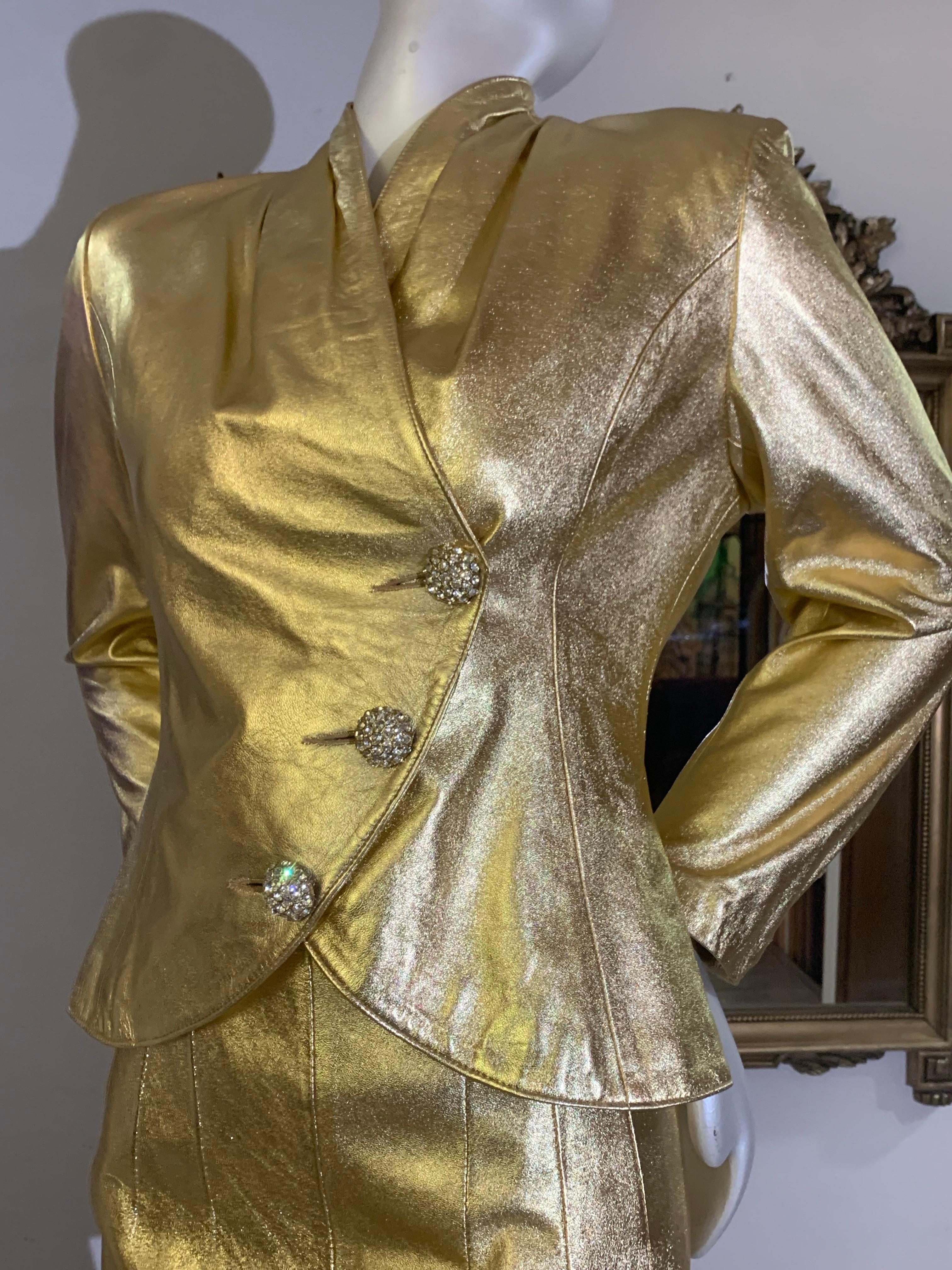 Brown 1980s Lillie Rubin Gold Metallic Leather Tailored Skirt Suit w Rhinestone Button For Sale