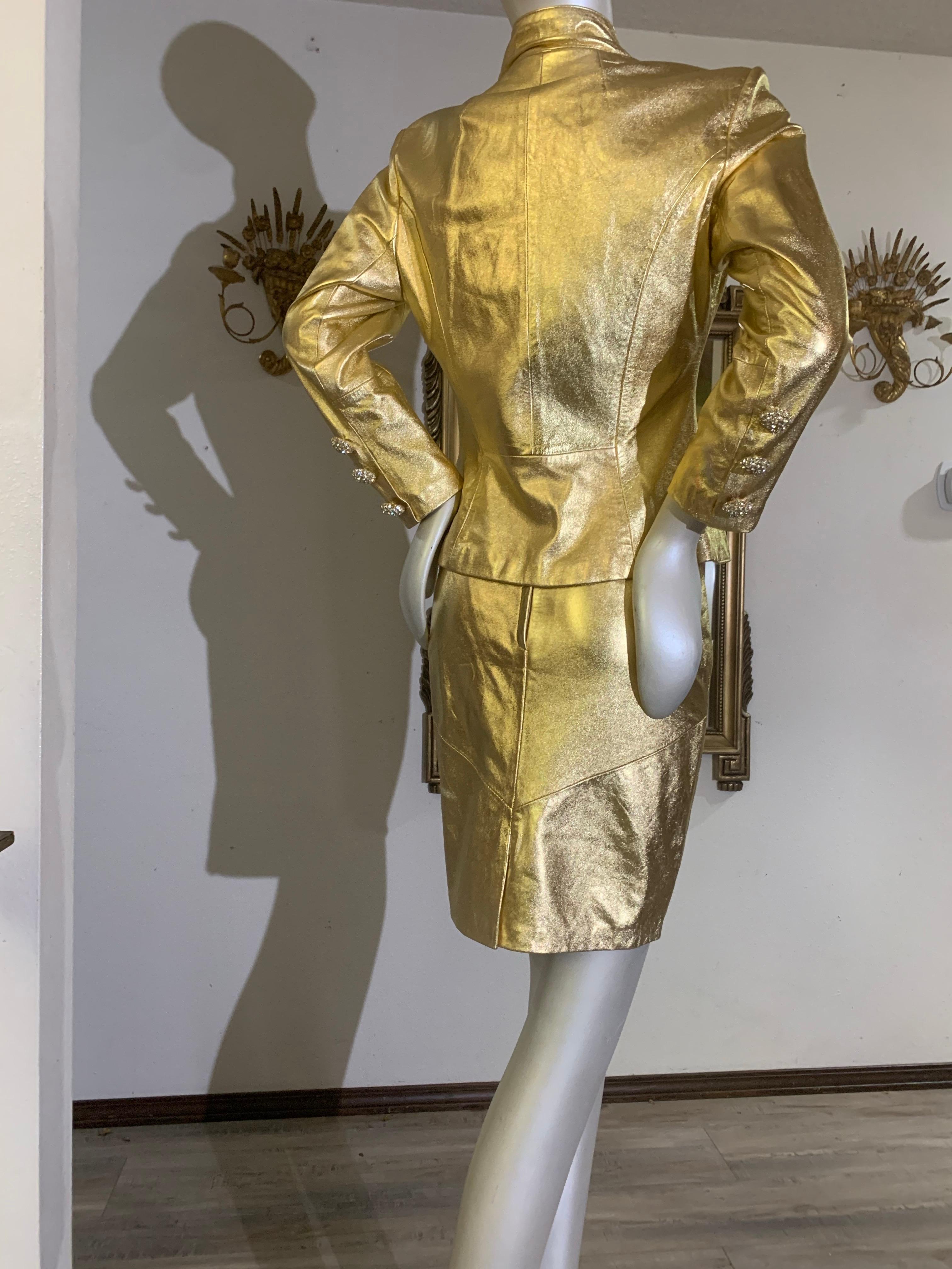 Women's 1980s Lillie Rubin Gold Metallic Leather Tailored Skirt Suit w Rhinestone Button For Sale