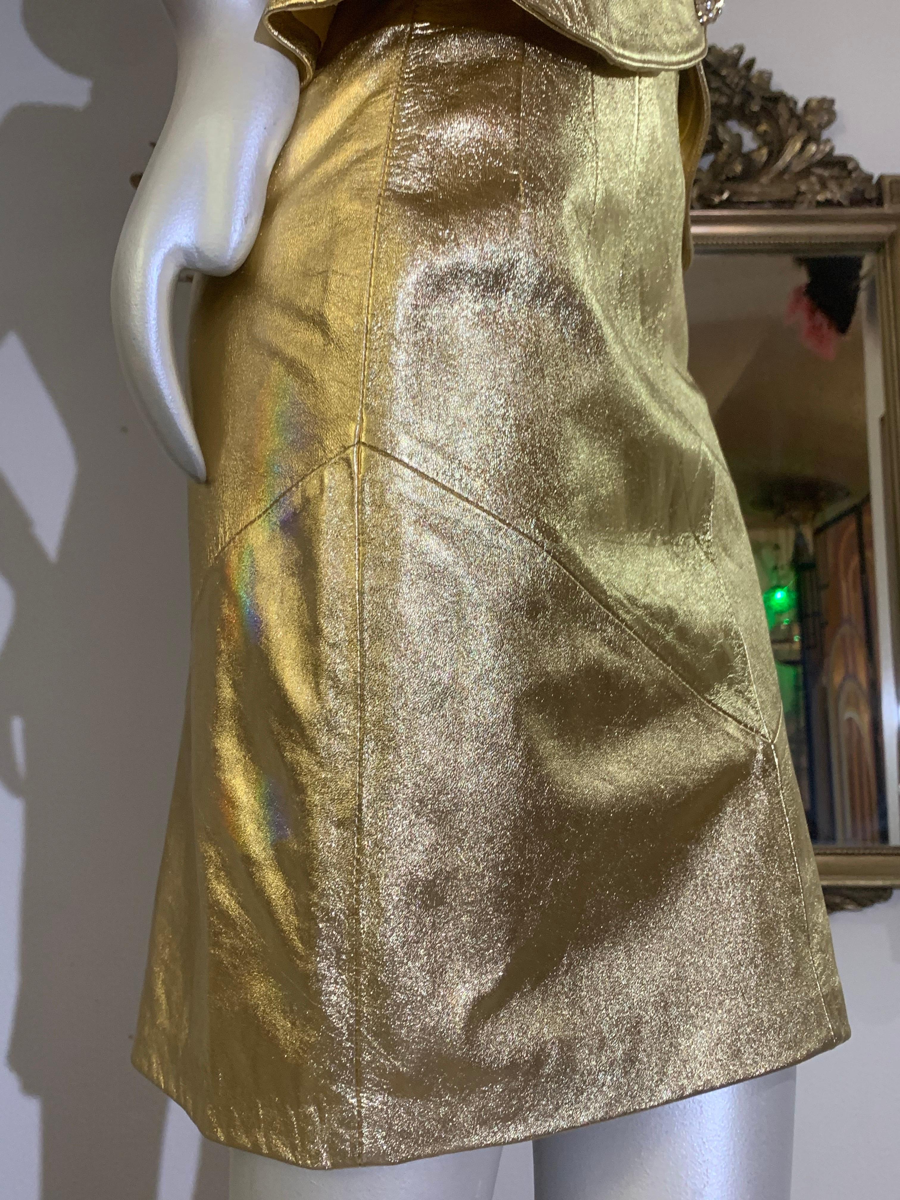 1980s Lillie Rubin Gold Metallic Leather Tailored Skirt Suit w Rhinestone Button For Sale 2