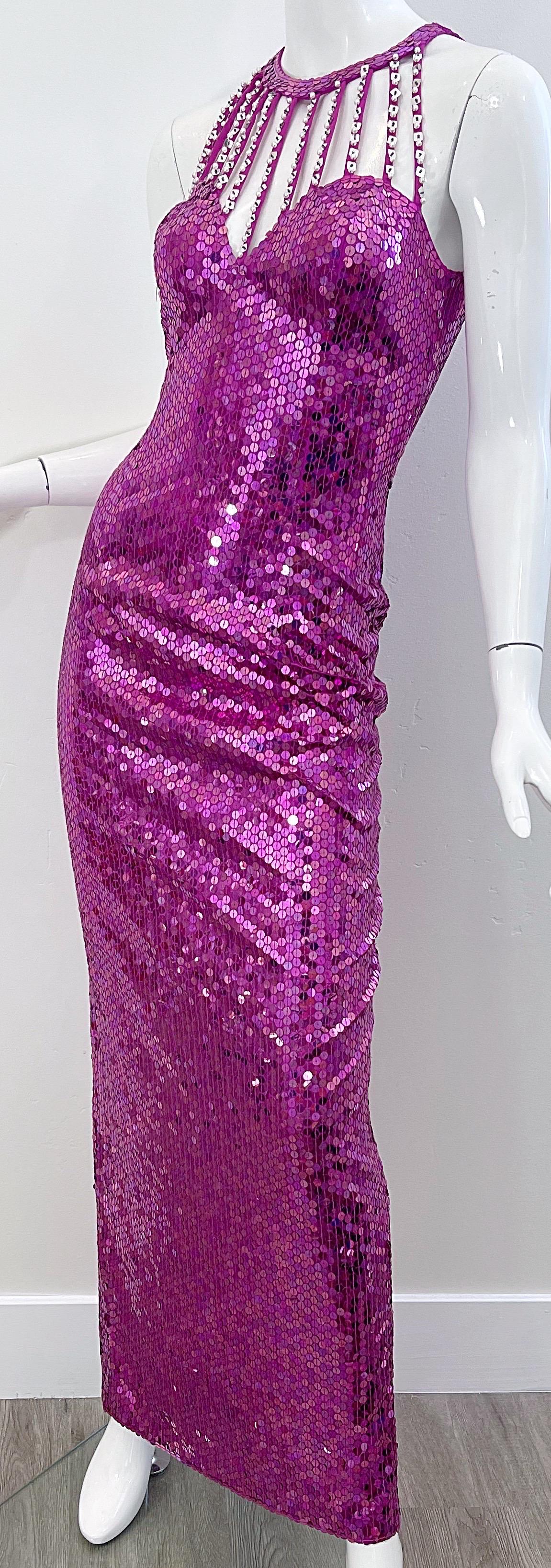 1980s Lillie Rubin Hot Pink Size 6 Fully Sequined Cage Neck Vintage 80s Gown For Sale 4