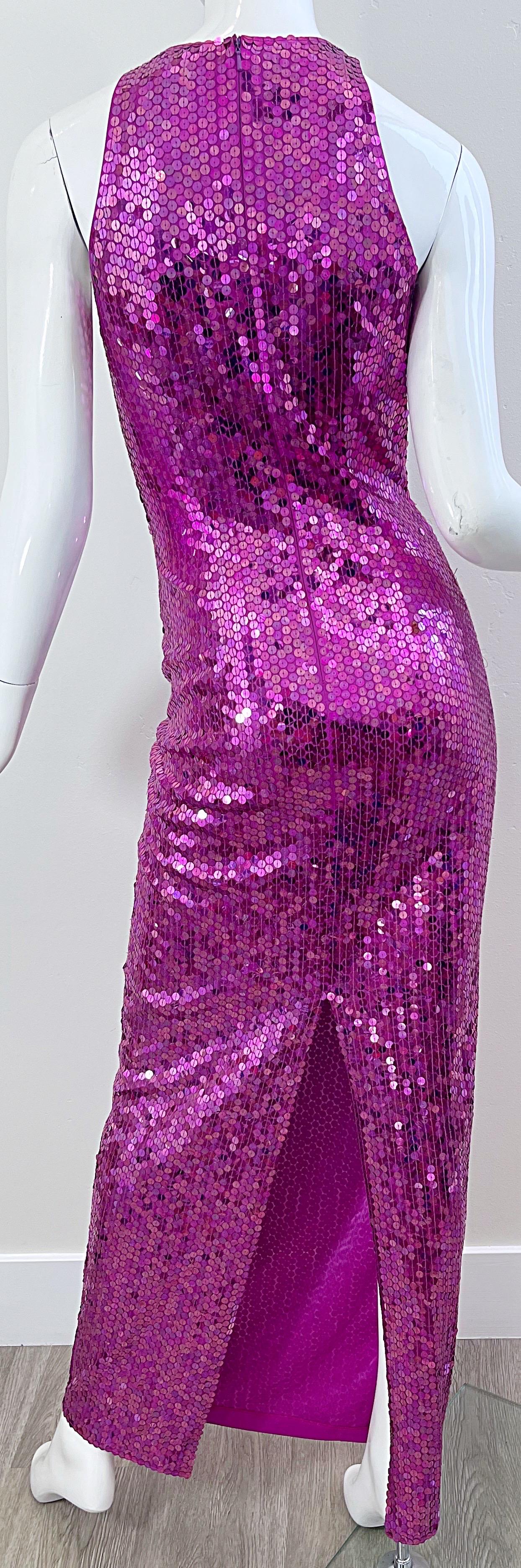 1980s Lillie Rubin Hot Pink Size 6 Fully Sequined Cage Neck Vintage 80s Gown For Sale 5