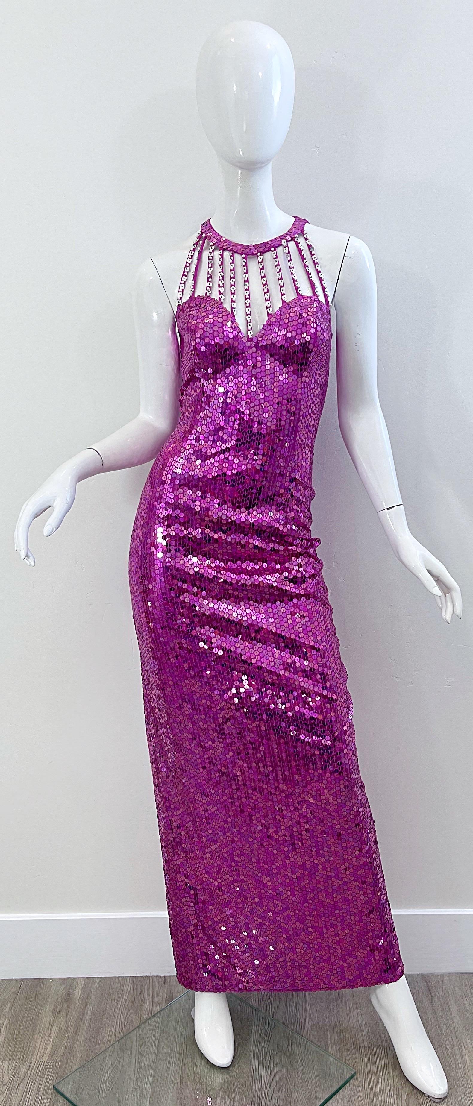 1980s Lillie Rubin Hot Pink Size 6 Fully Sequined Cage Neck Vintage 80s Gown For Sale 6