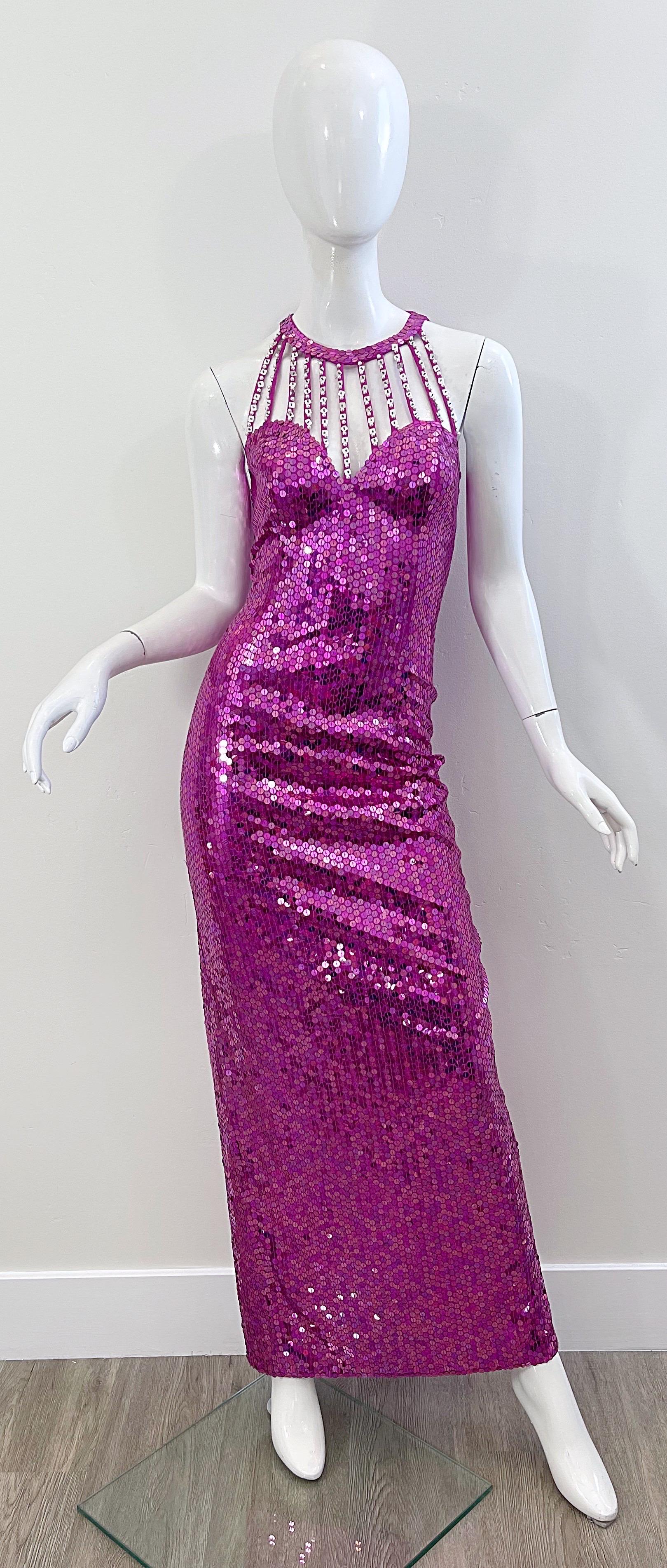 Sexy mid 1980s LILLIE RUBIN hot pink fully sequined evening dress ! Features thousands of hand-sewn sequins. Cage style neck is encrusted with square silver sequins and pearls. Hidden zipper up the back with hook-and-eye closure. Center slit up the