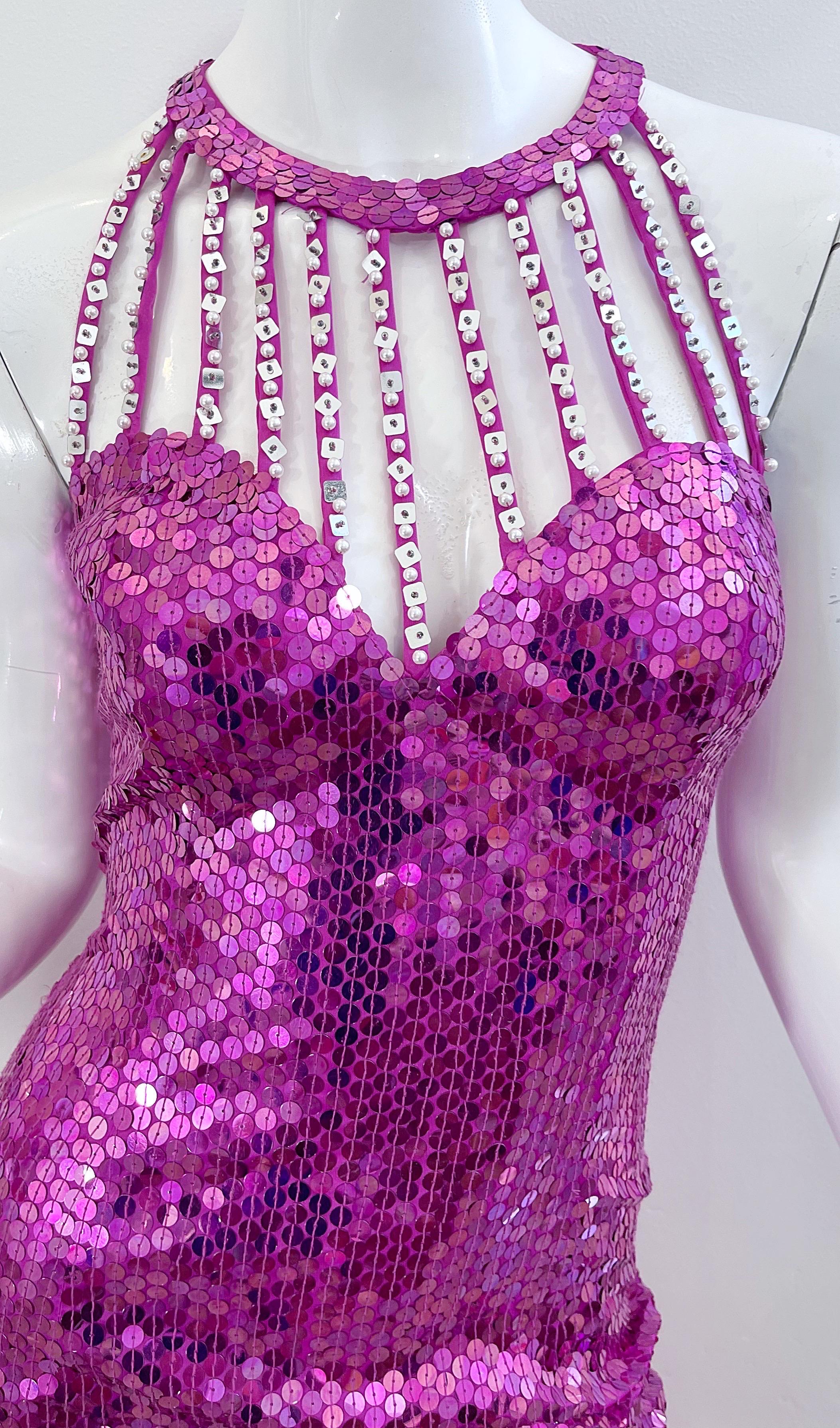 1980er Jahre Lillie Rubin Hot Pink Größe 6 Voll Pailletten Cage Neck Vintage 80er Jahre Kleid im Angebot 1
