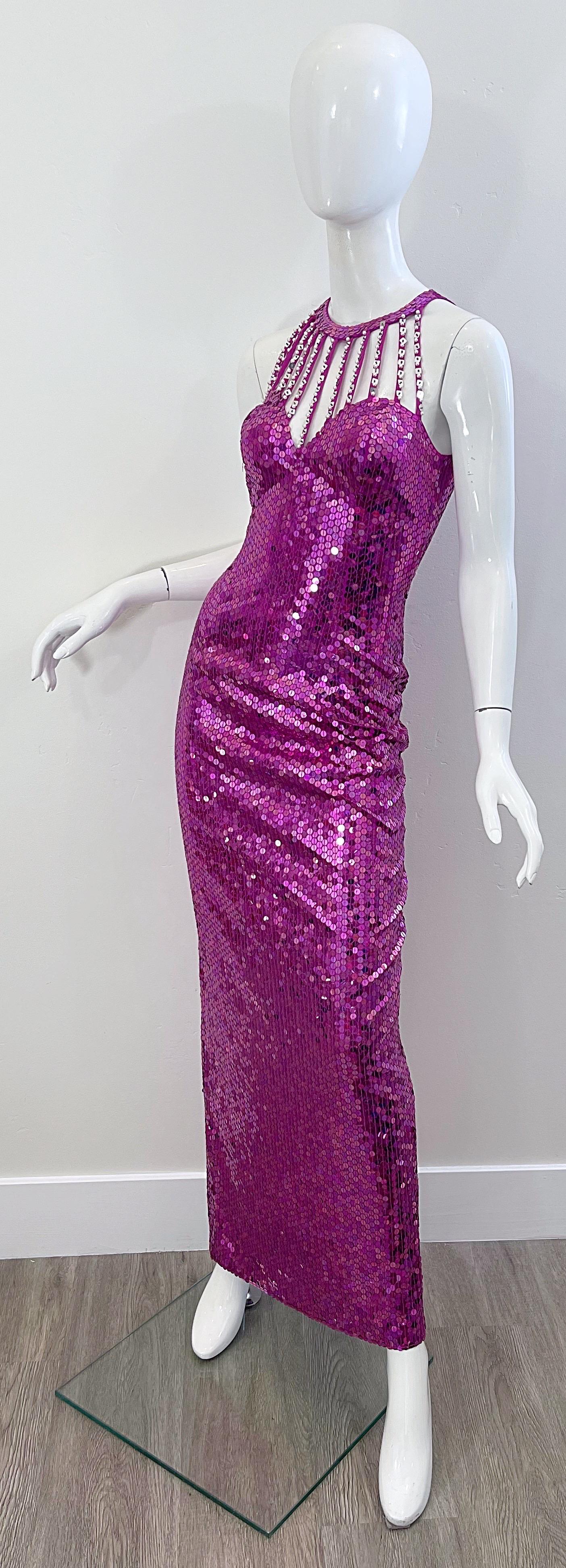 1980s Lillie Rubin Hot Pink Size 6 Fully Sequined Cage Neck Vintage 80s Gown In Excellent Condition For Sale In San Diego, CA