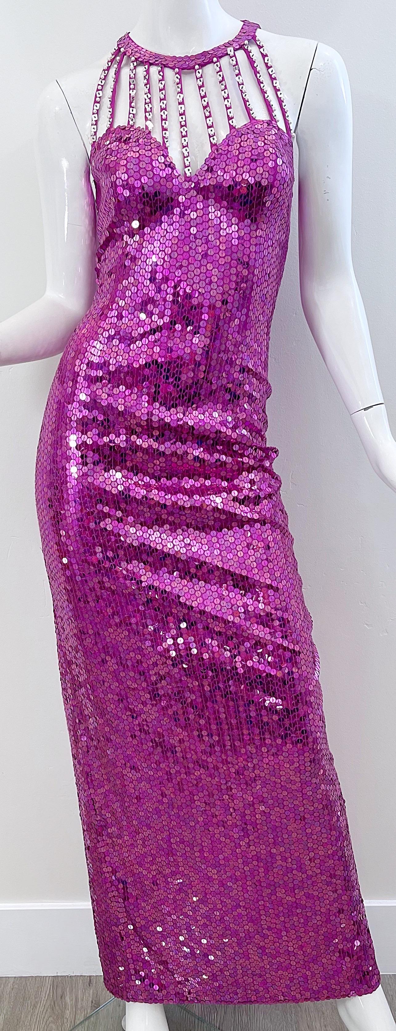 Women's 1980s Lillie Rubin Hot Pink Size 6 Fully Sequined Cage Neck Vintage 80s Gown For Sale