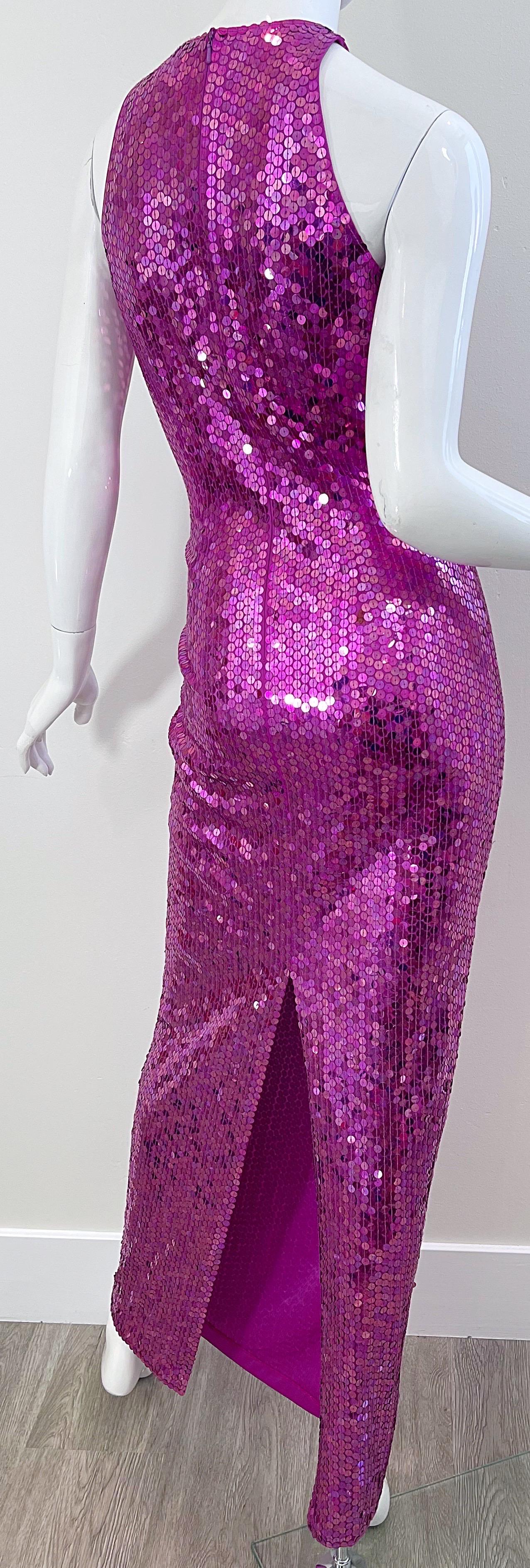 1980s Lillie Rubin Hot Pink Size 6 Fully Sequined Cage Neck Vintage 80s Gown For Sale 1