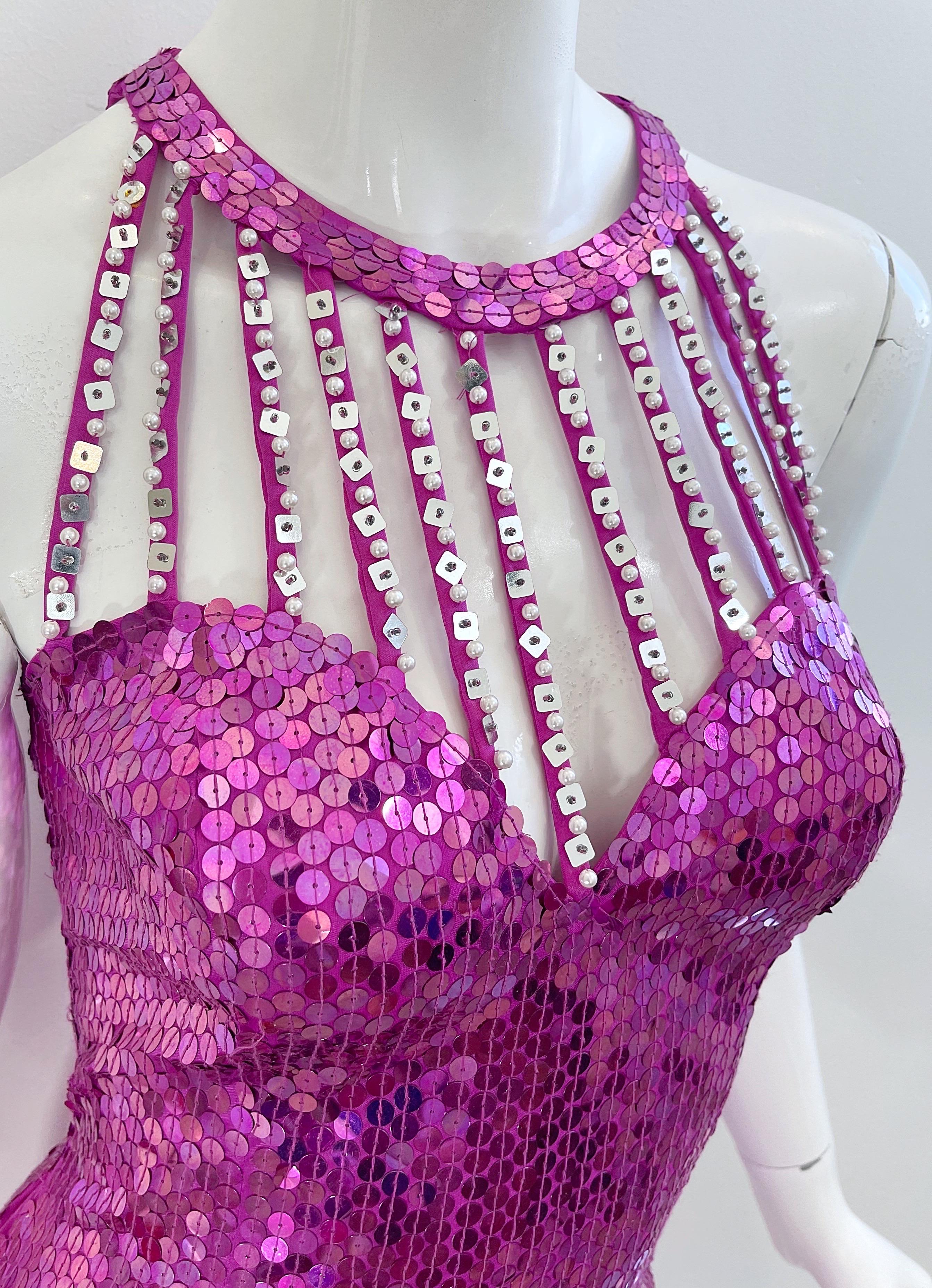 1980s Lillie Rubin Hot Pink Size 6 Fully Sequined Cage Neck Vintage 80s Gown For Sale 2