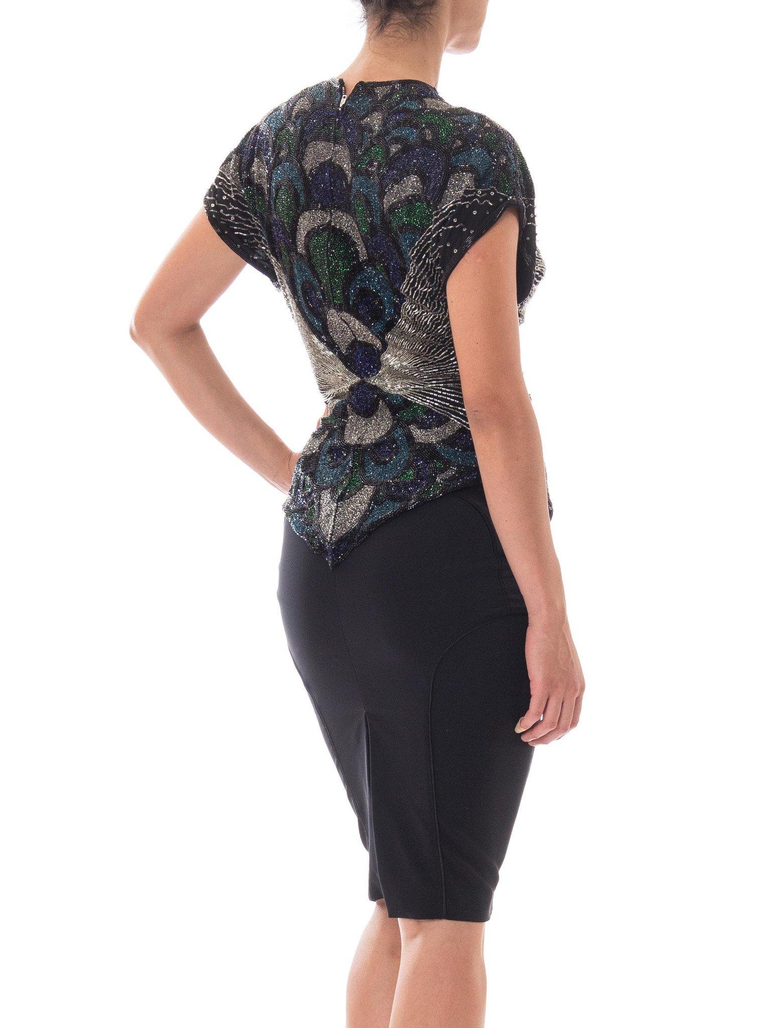 1980S Black Silk Chiffon Art Deco Peacock Entirely Beaded Top In Excellent Condition For Sale In New York, NY