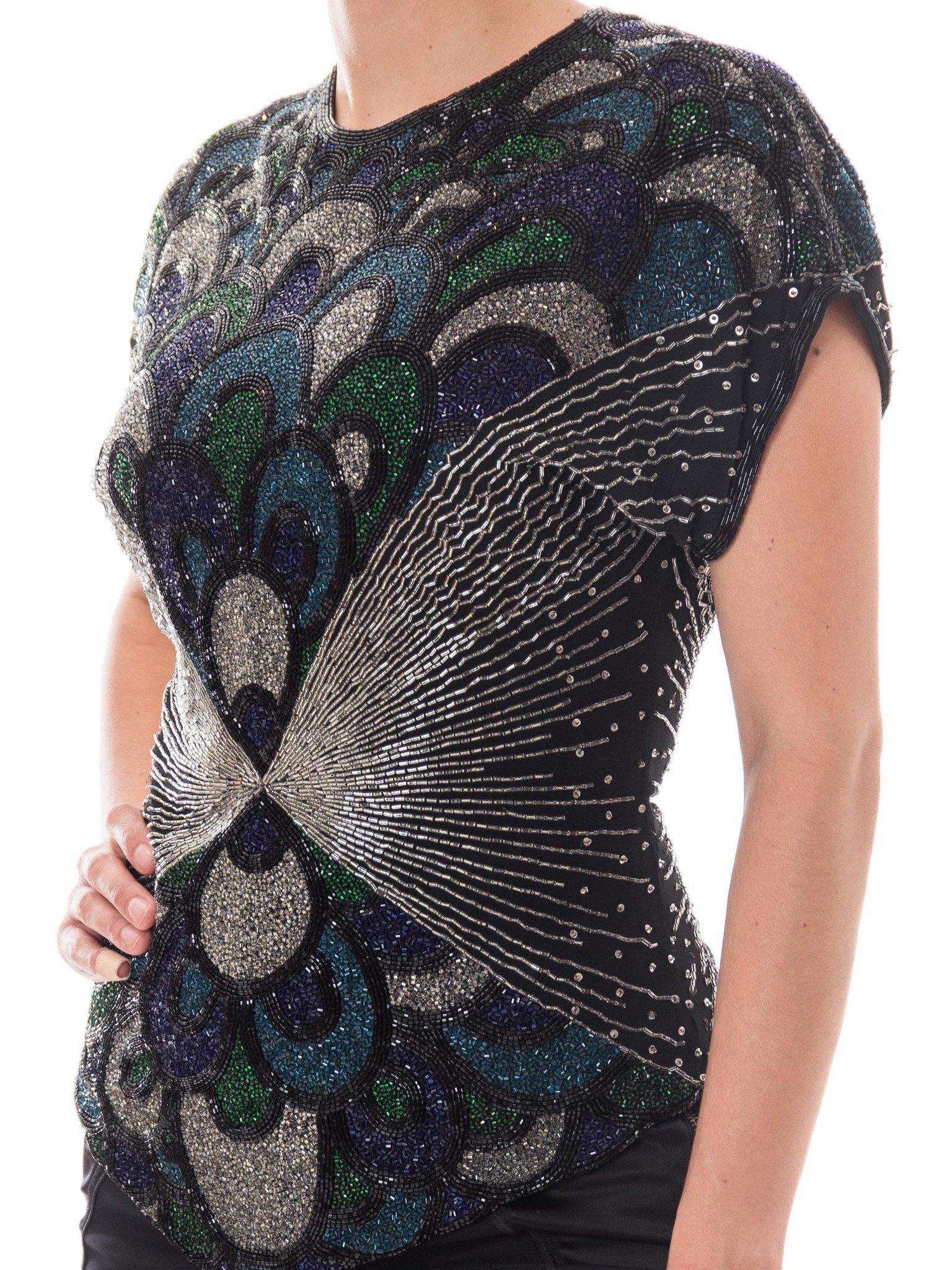 1980S Black Silk Chiffon Art Deco Peacock Entirely Beaded Top For Sale 3
