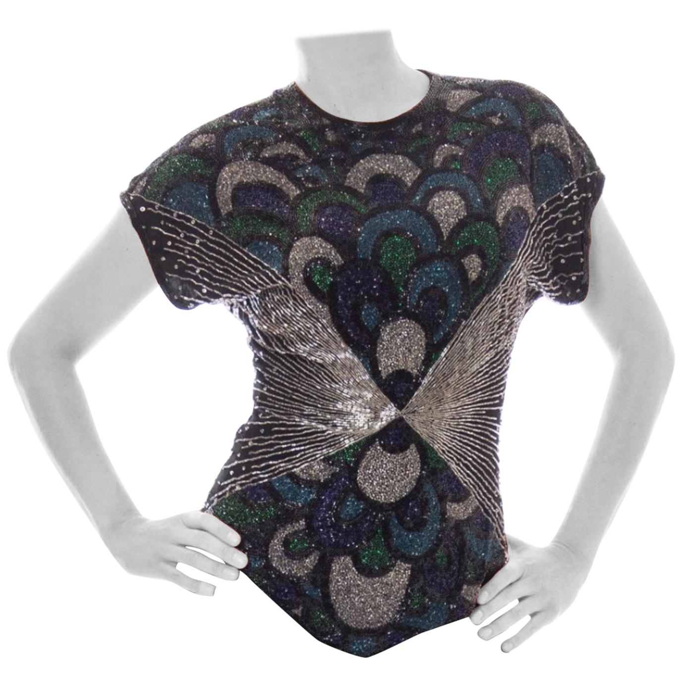 1980S Black Silk Chiffon Art Deco Peacock Entirely Beaded Top For Sale