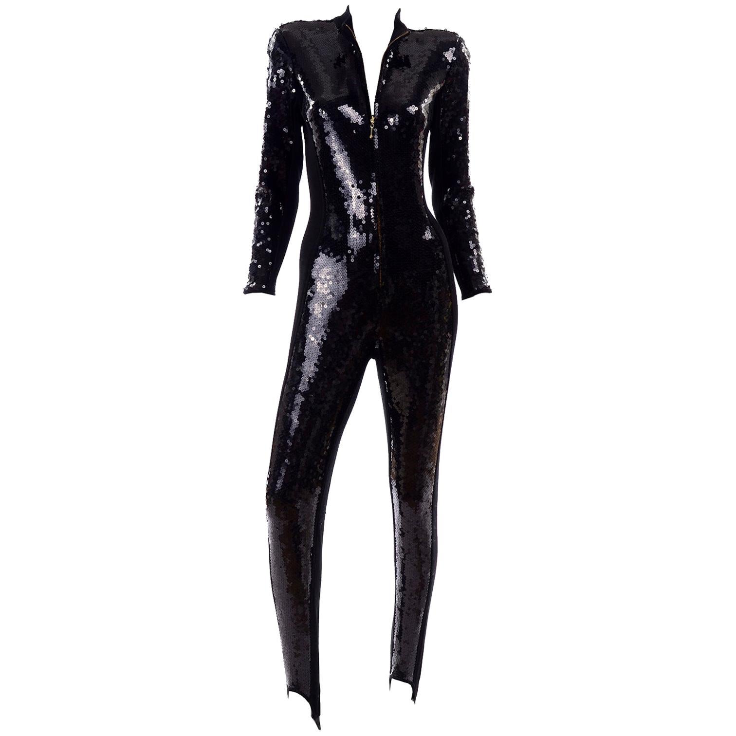 1980s Lillie Rubin Vintage Black Sequin Jumpsuit Catsuit With Stirrups