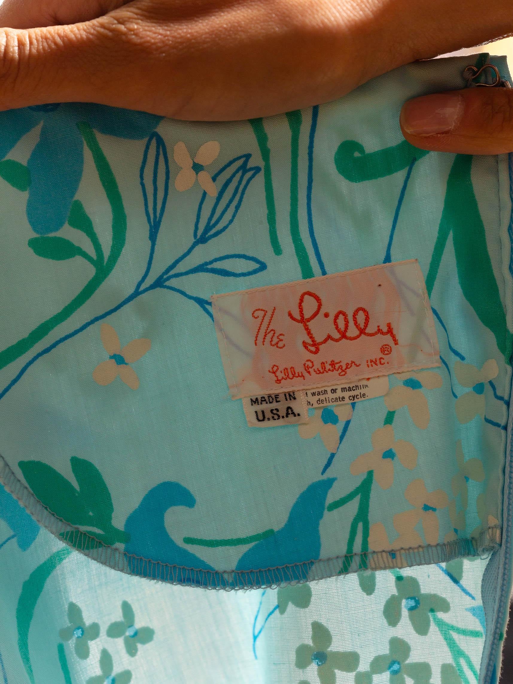 1980S LILLY PULITZER Light Blue Floral Print Cotton Basket Weave Hem Dress With For Sale 2