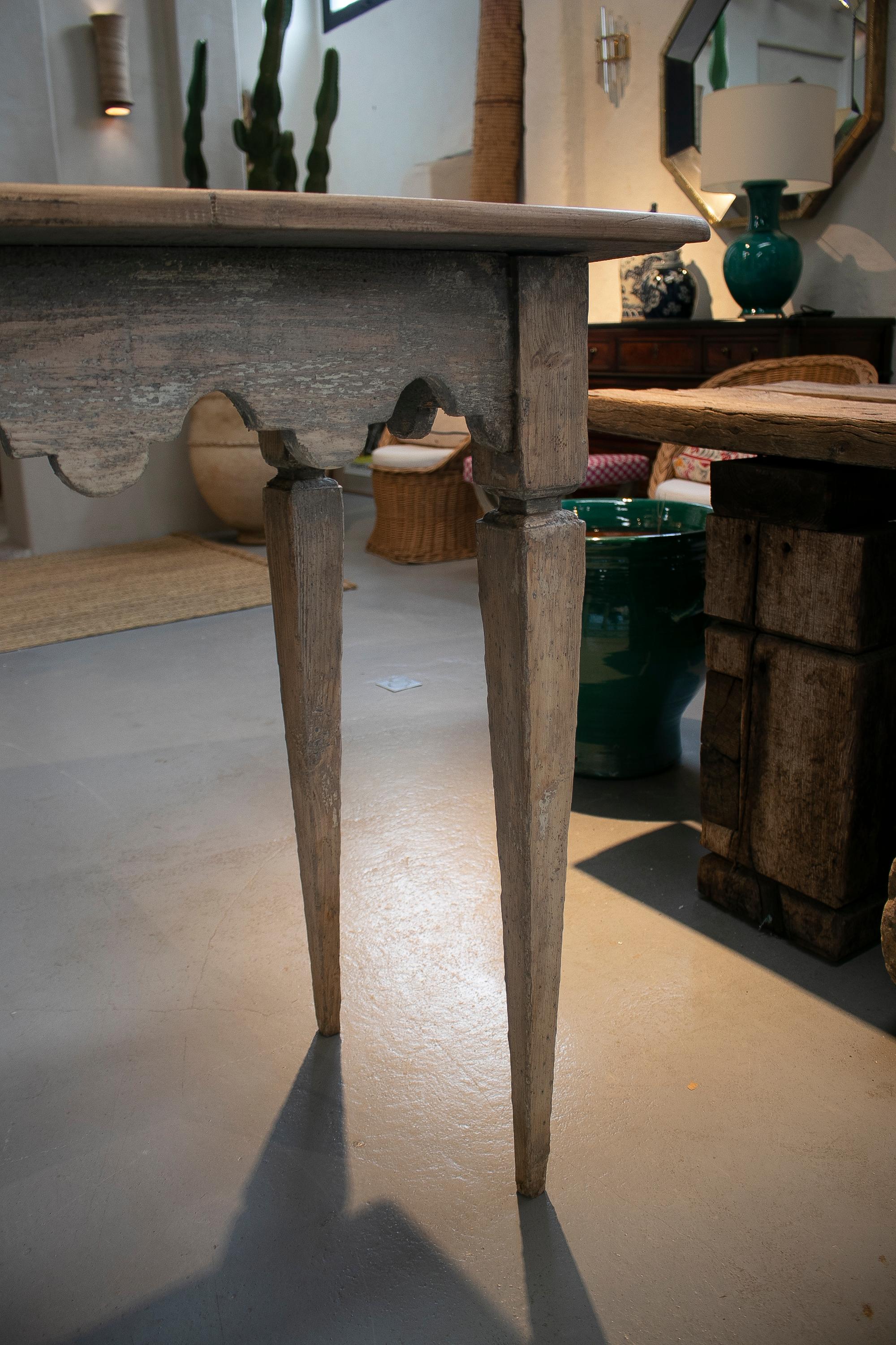 1980s Lime Washed Wooden Console Table w/ Ornamental Geometric Skirt 3