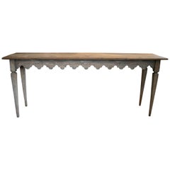 1980s Lime Washed Wooden Console Table w/ Ornamental Geometric Skirt