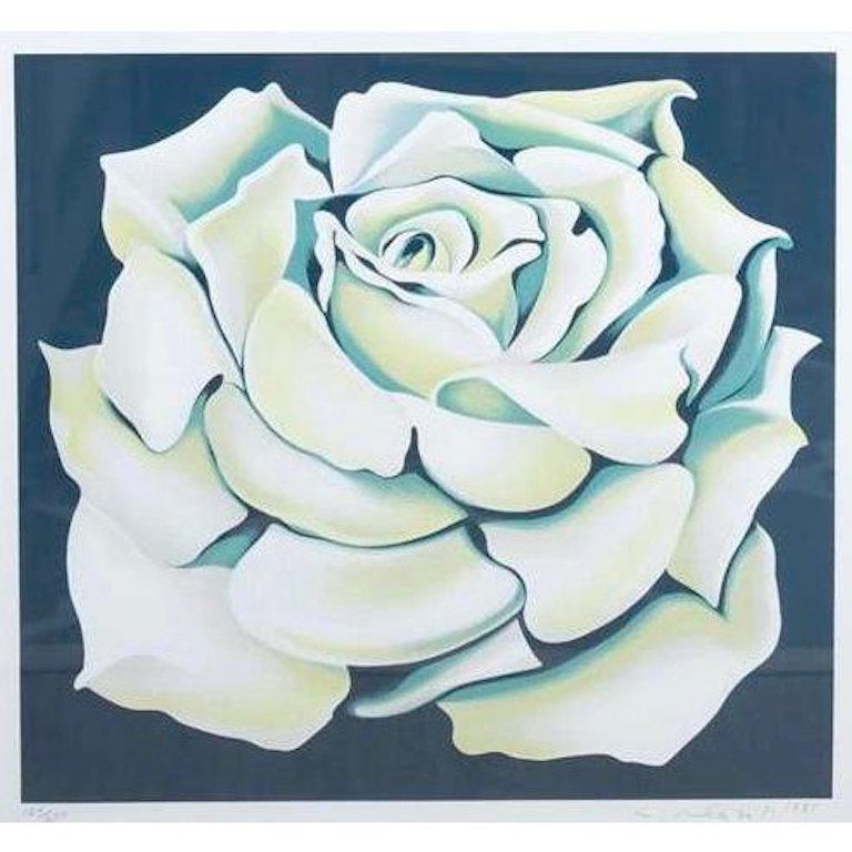 American 1980s Limited Edition White Rose Lithograph in Custom Frame by Lowell Nesbitt
