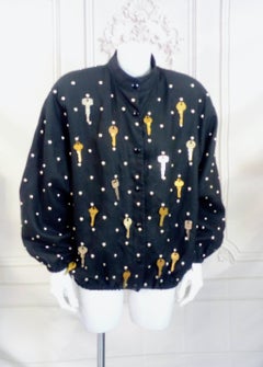 1980's Linen Studded and Key Decorated Bomber, Jeanette for St. Martin.